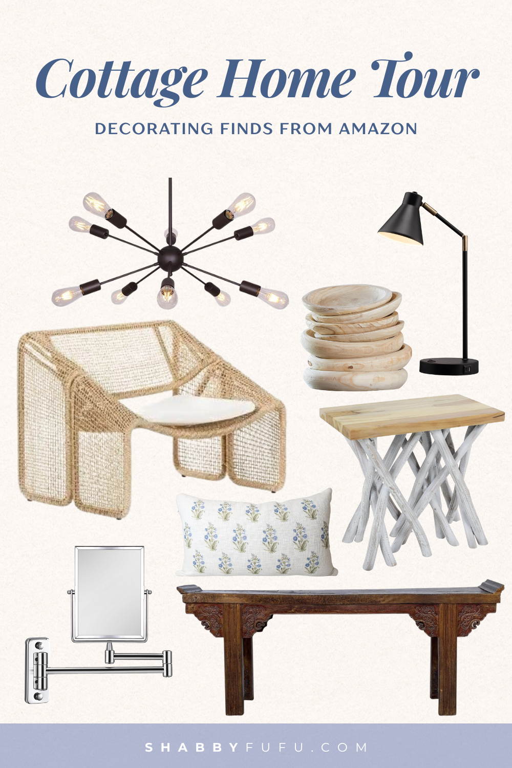 collage featuring products showing cottage home decorating ideas and decor