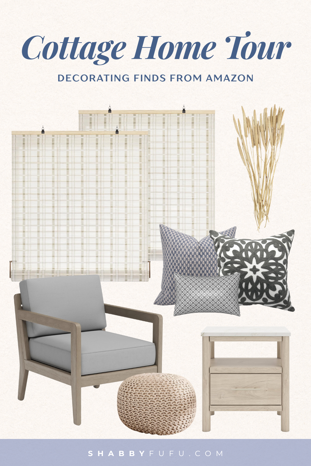 collage featuring products showing cottage home decorating ideas and decor