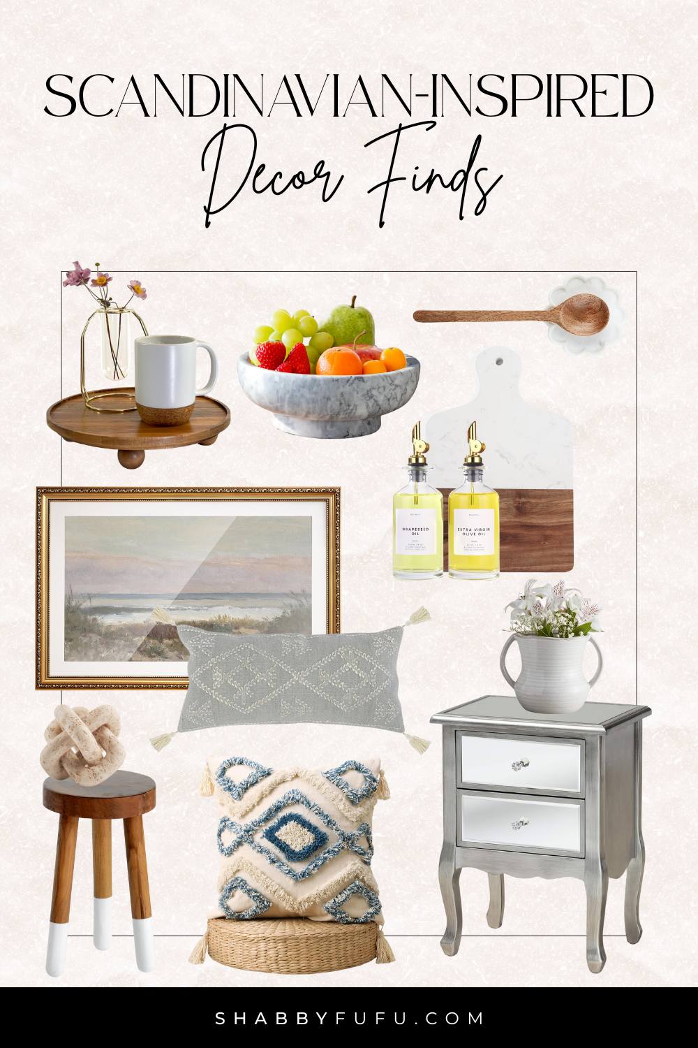 Pinterest collage featuring home decor titled "Scandinavian Inspired decor finds"