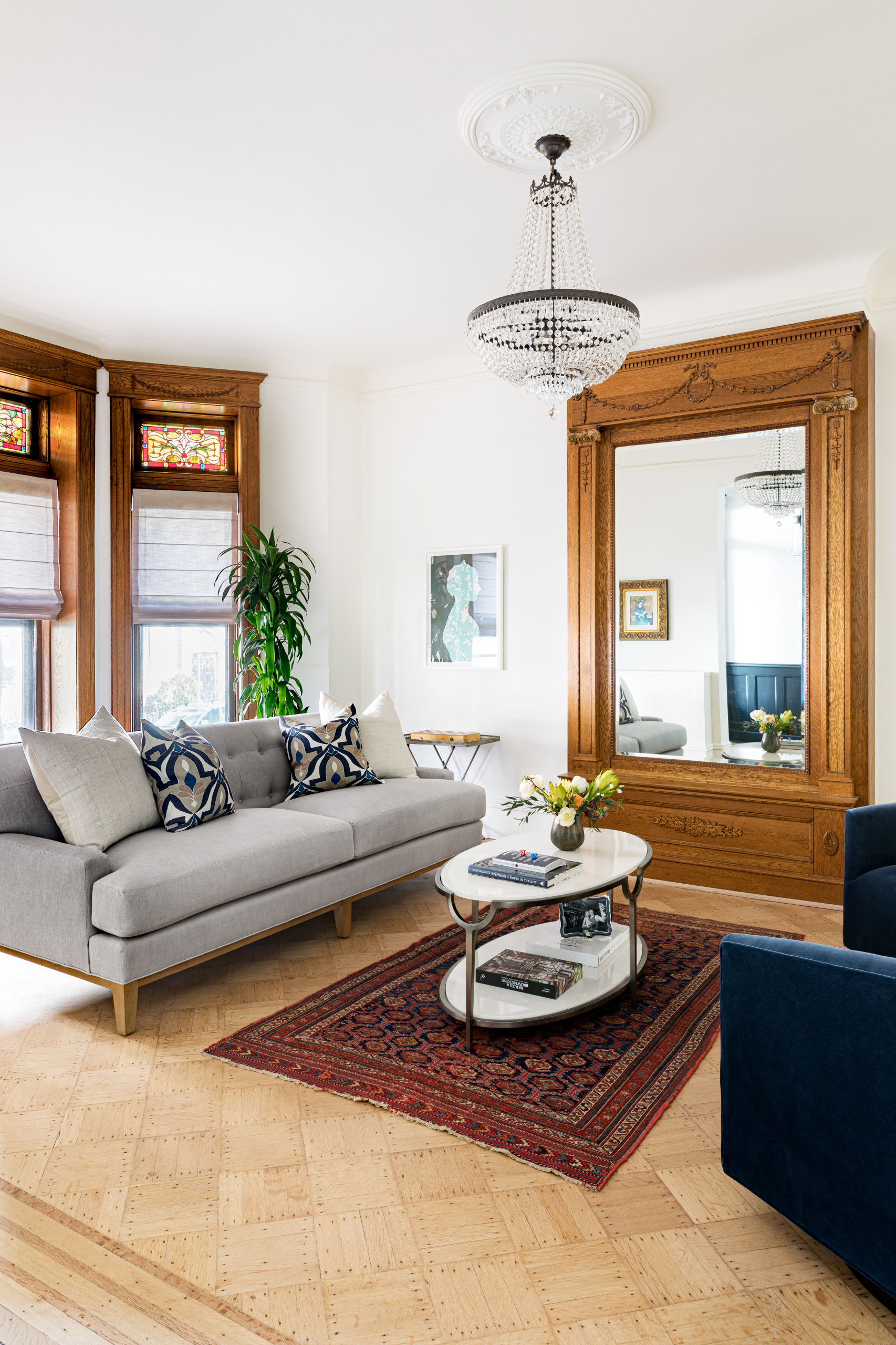 Modern brownstone home tour in Scandinavian-inspired style living room