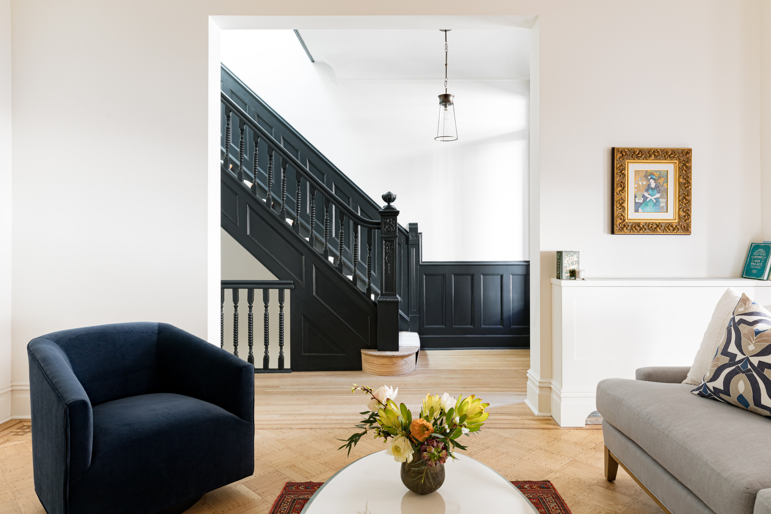 Modern brownstone home tour in Scandinavian-inspired style living room