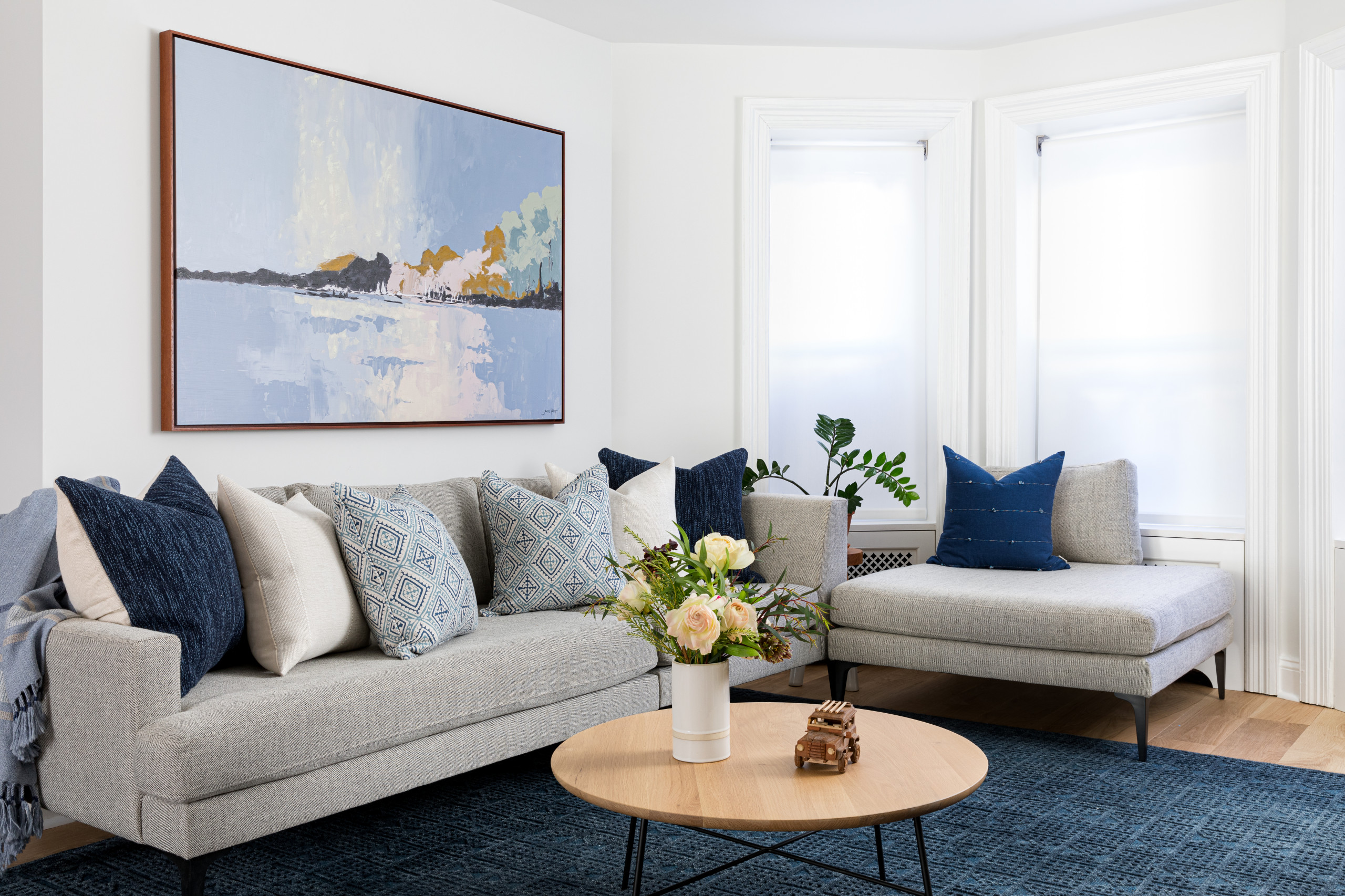Modern brownstone home tour in Scandinavian-inspired style faimily living room