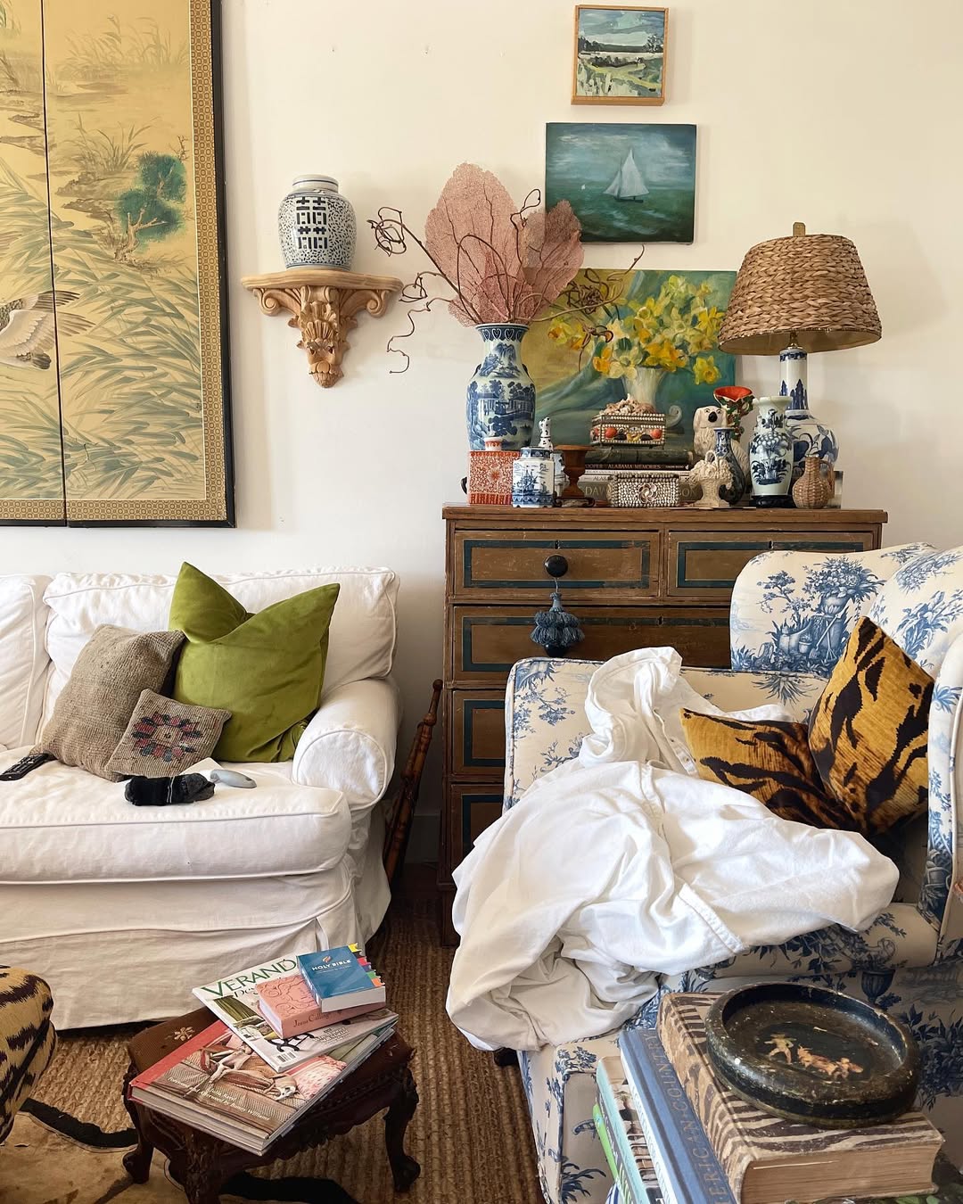 Vintage fall decor idea featuring living room in the Grandmacore and Maximalism decor style