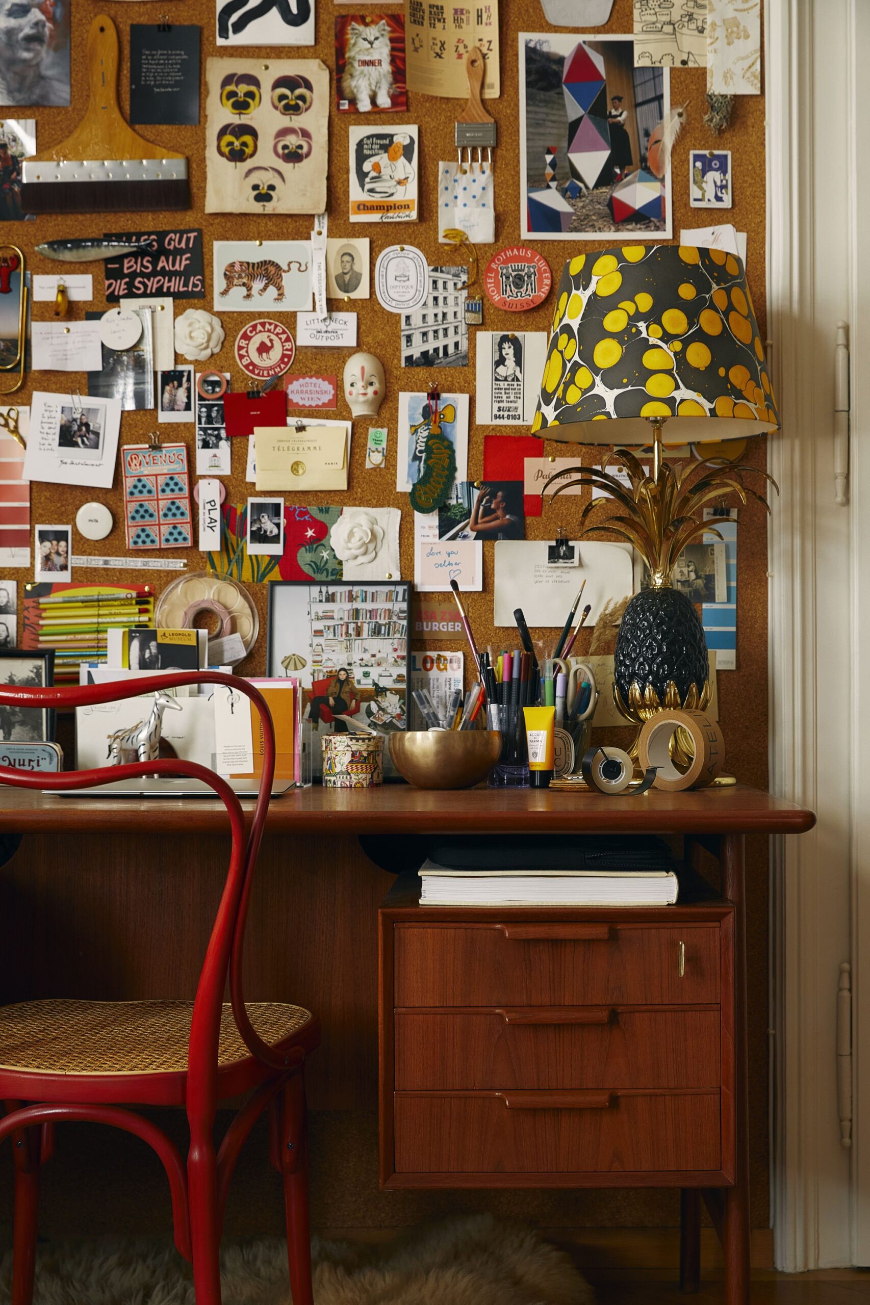 Vintage fall decor idea featuring home office close up in the Grandmacore and Maximalism decor style