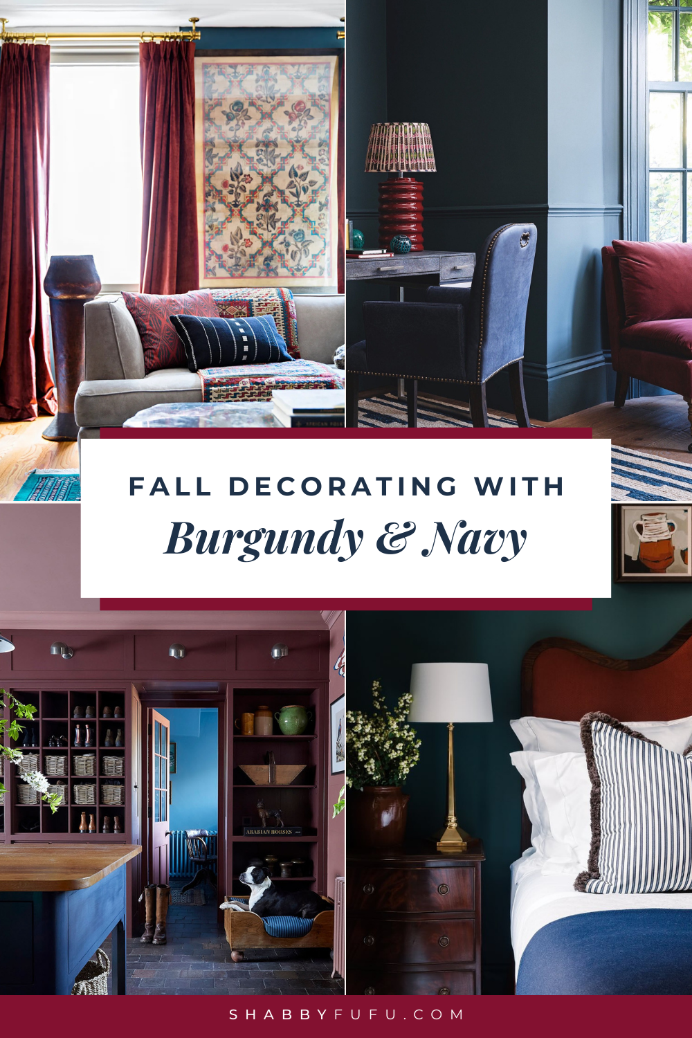 Pinterest collage featuring interiors decorated with burgundy and navy as ideas for fall decorating