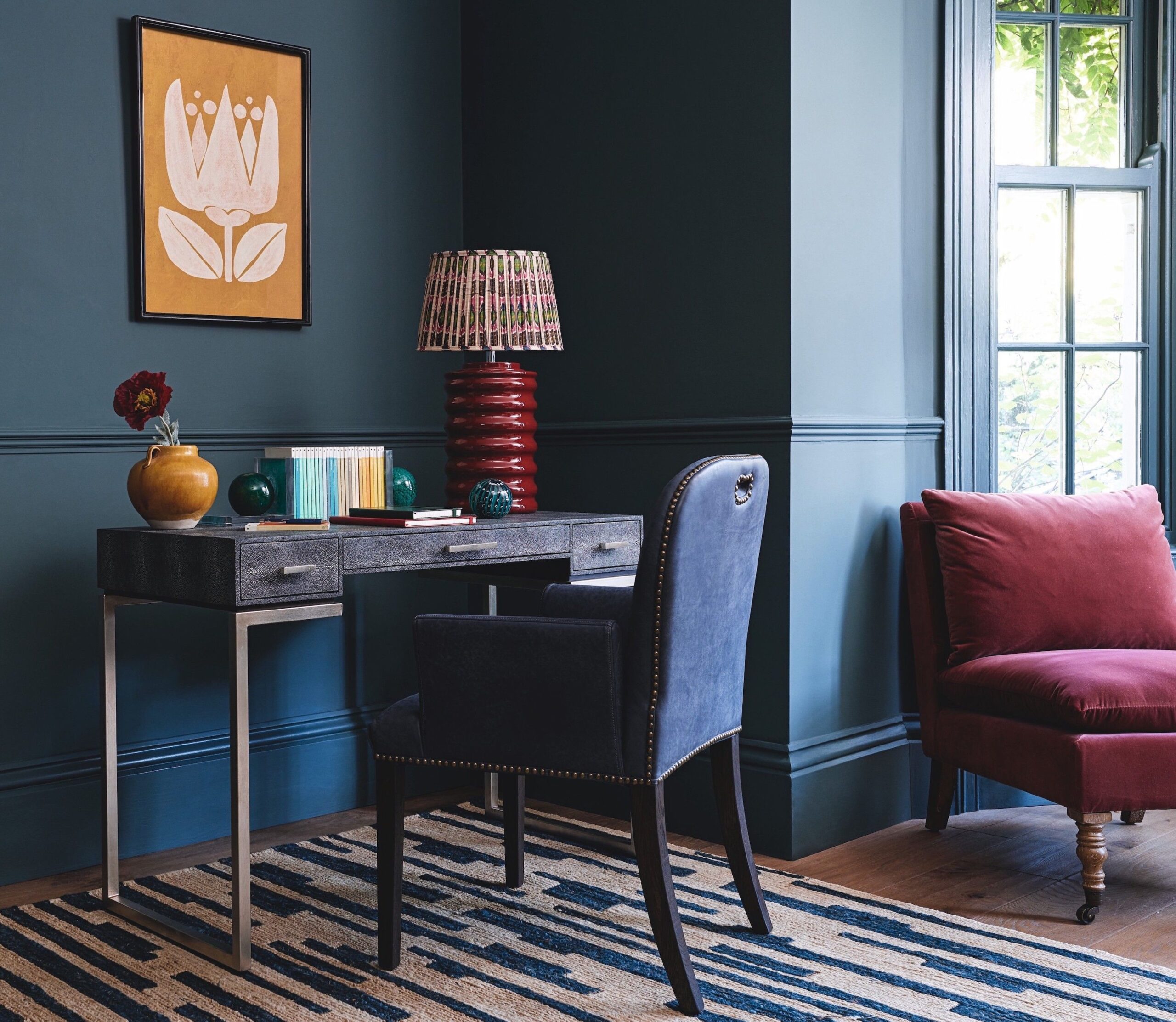 Burgundy and navy fall decorating in a traditional home office