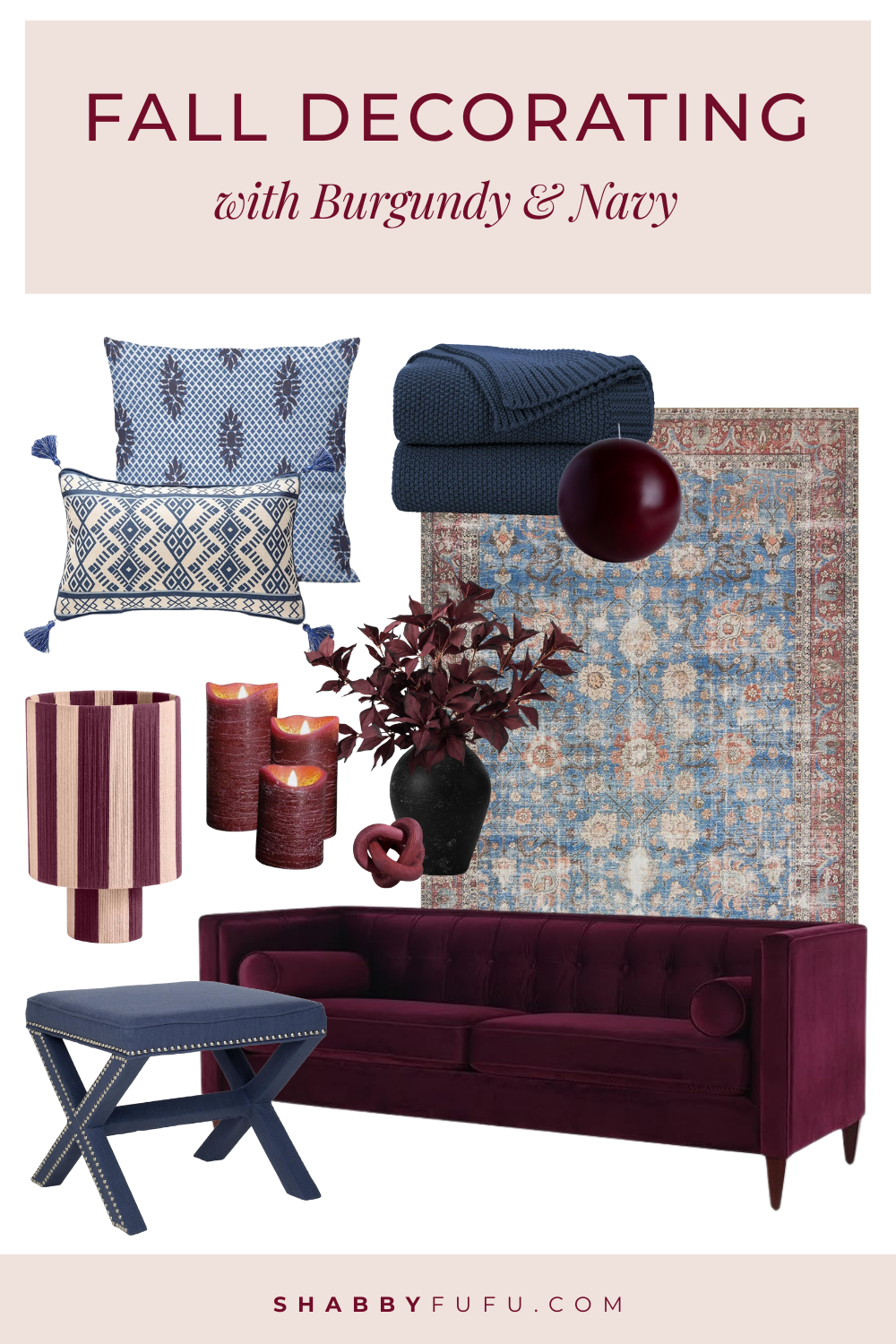 Shopping collage featuring burgundy and navy decor accents