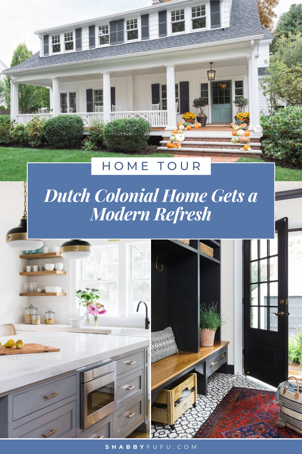 Pinterest collage graphic featuring a home tour titled "home tour dutch colonial home gets a modern refresh"