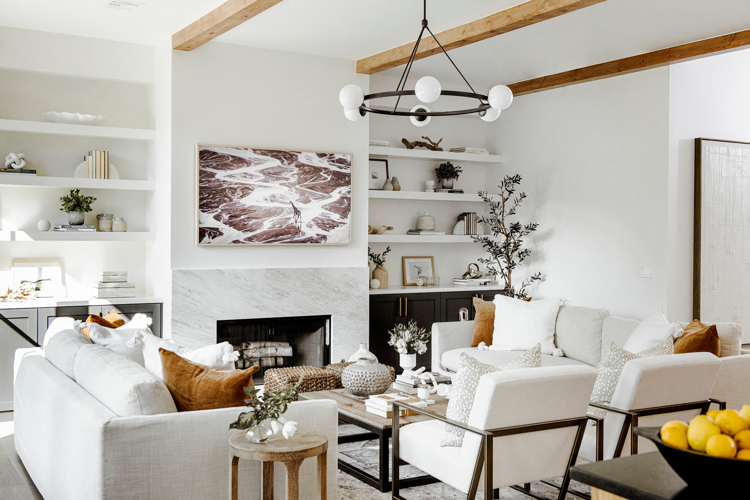 Home tour featuring living room with modern european home decor