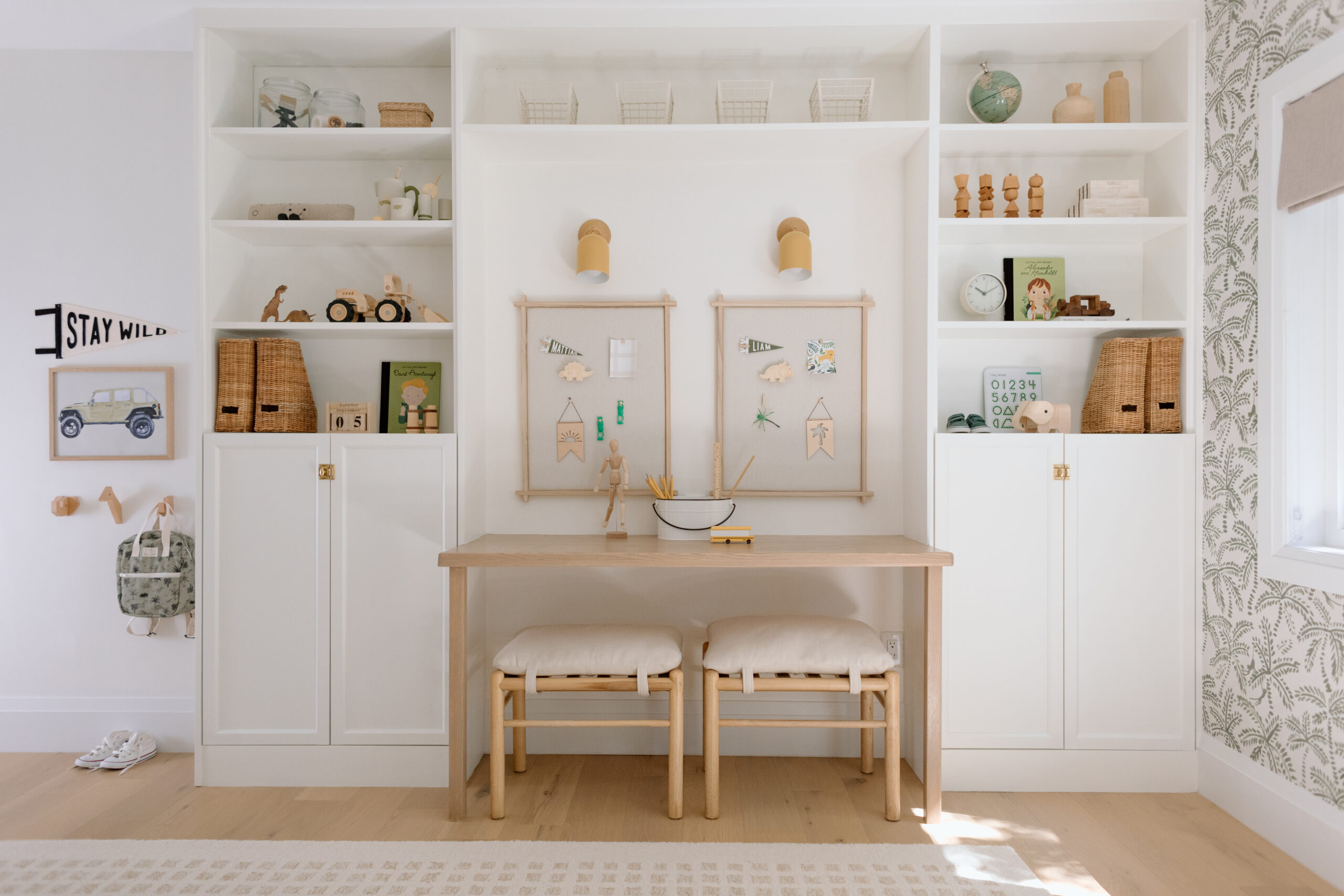 Modern minimalist decor family home featuring kids desks