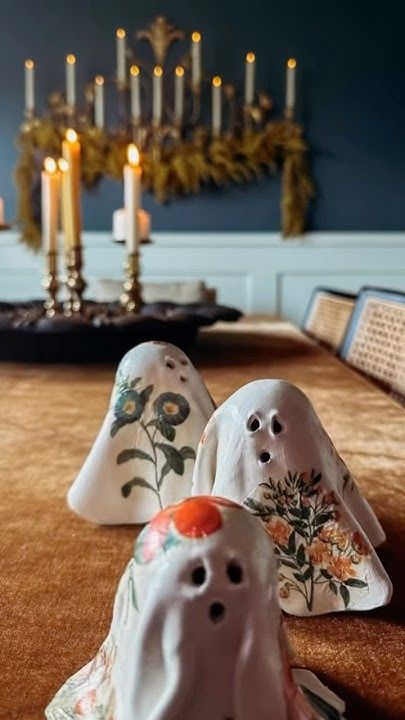 Fall craft ideas featuring air dry clay ghosts with pressed flowers