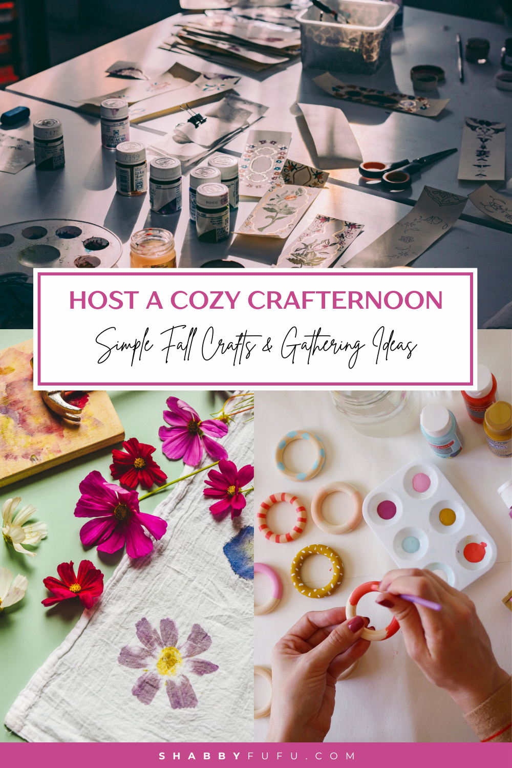 Pinterest collage featuring craft ideas titled "Host a Cozy Crafternoon: Simple Fall Crafts & Gathering Ideas"