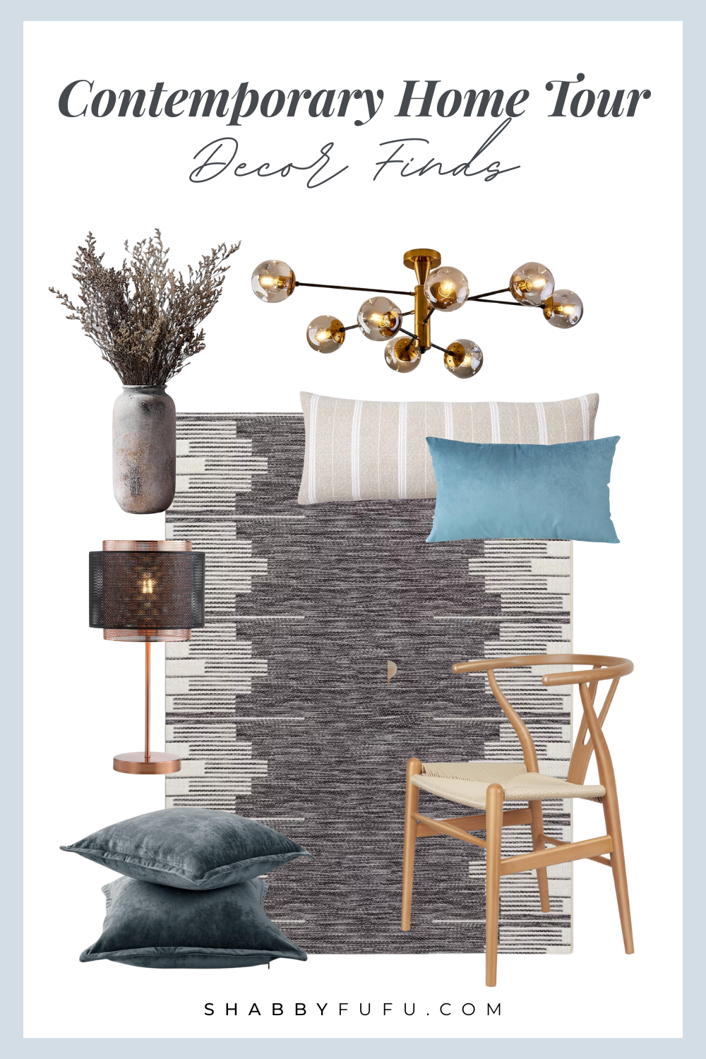 collage of home decor finds inspired by contemporary home tour