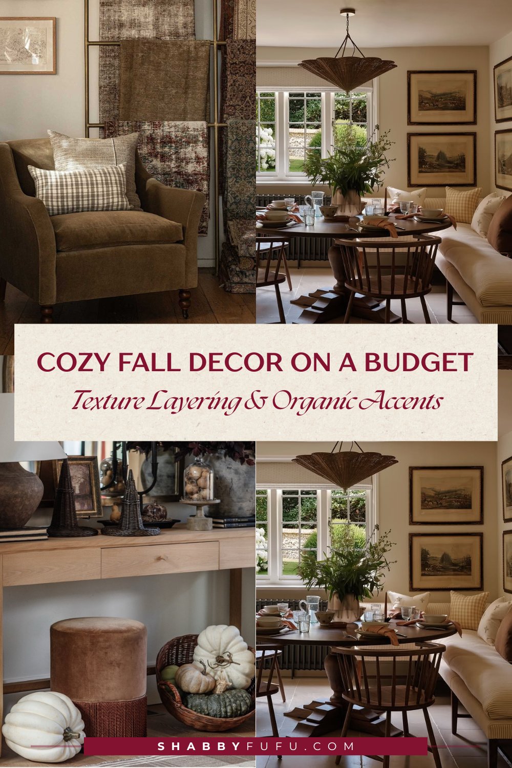 Pinterest collage showcasing interior design spaces with texture layering