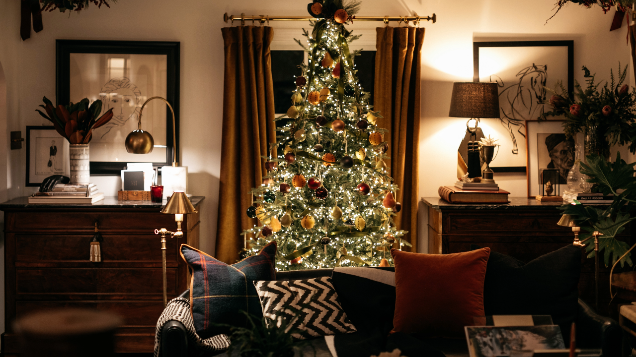 Living room Christmas decorated in Ralph Lauren interior design decor