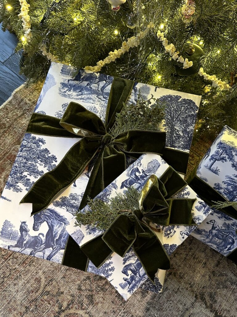 Ralph Lauren Christmas Tree Decor ideas featuring traditional chinoiserie paper wrapped gifts with green velvet bows