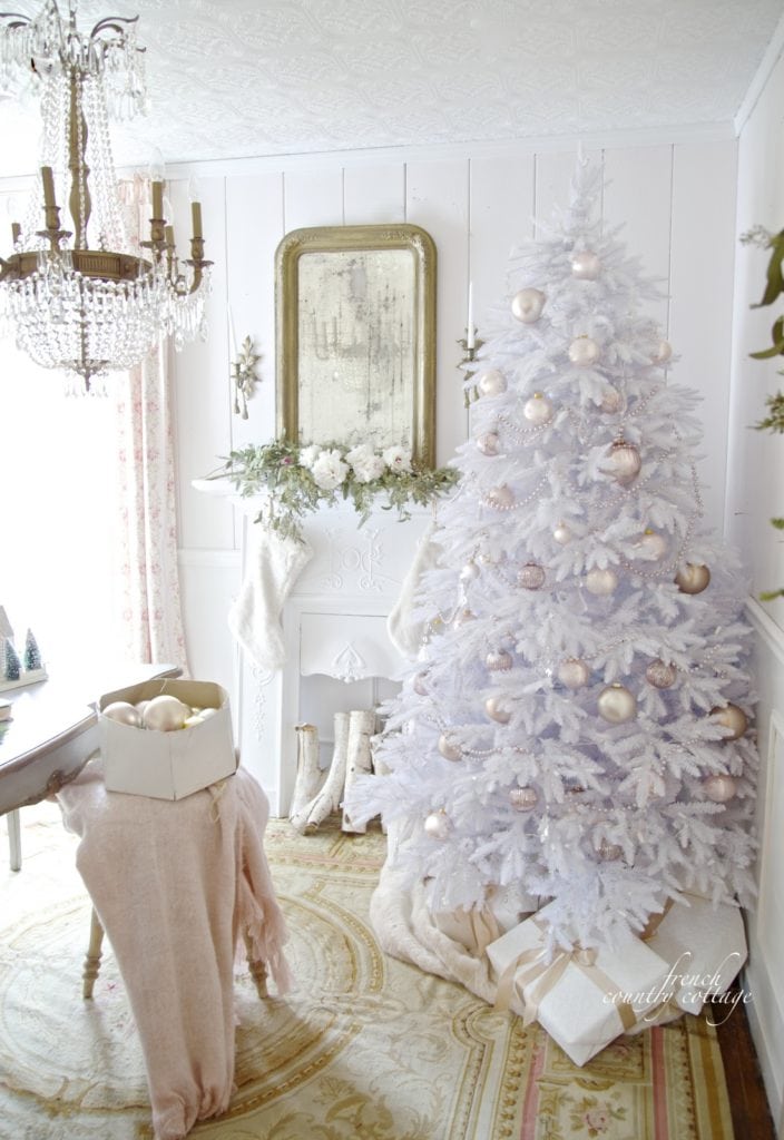 silver christmas tree featured as example of pastel christmas decor