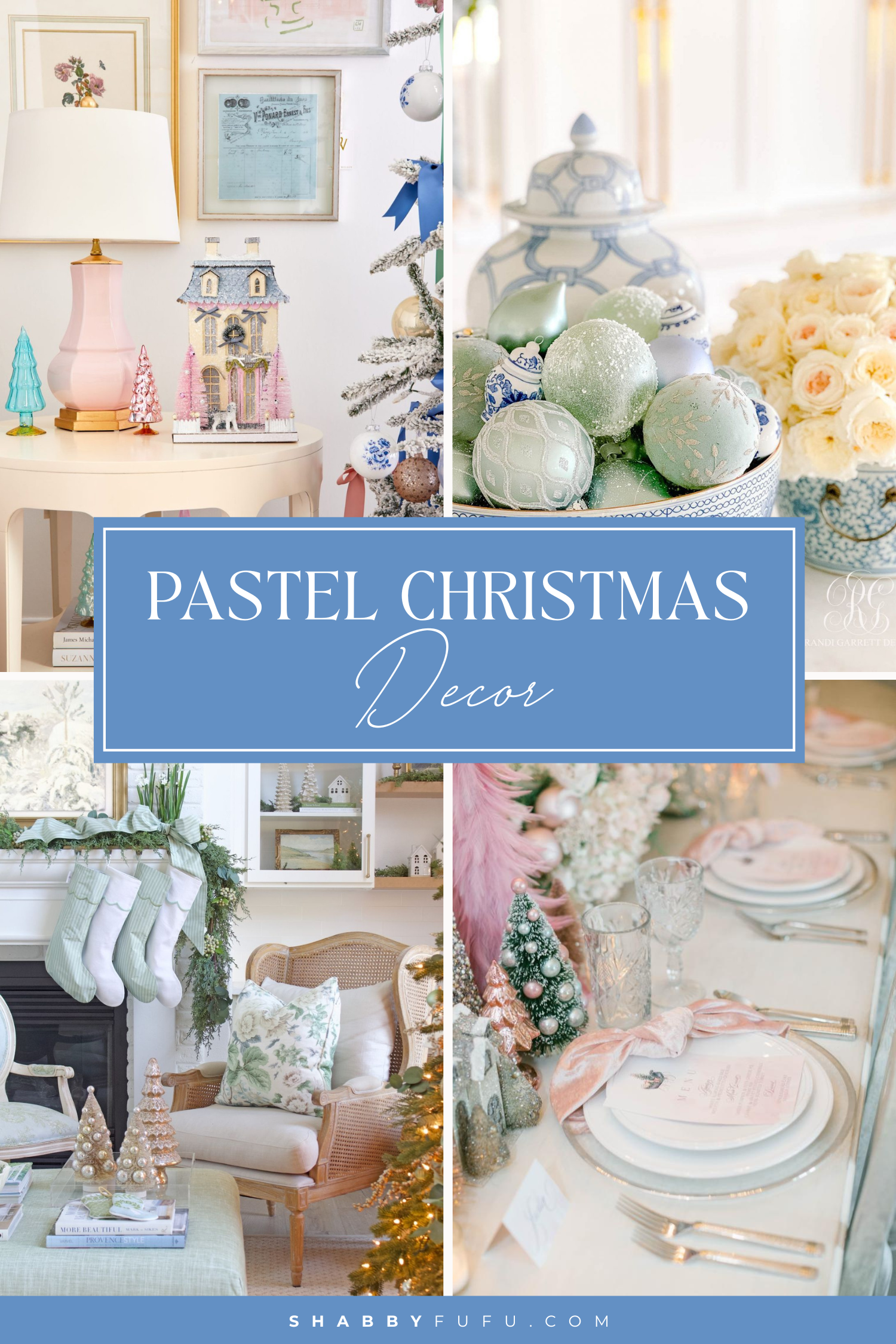 Pinterest collage graphic featuring pastel christmas decor ideas