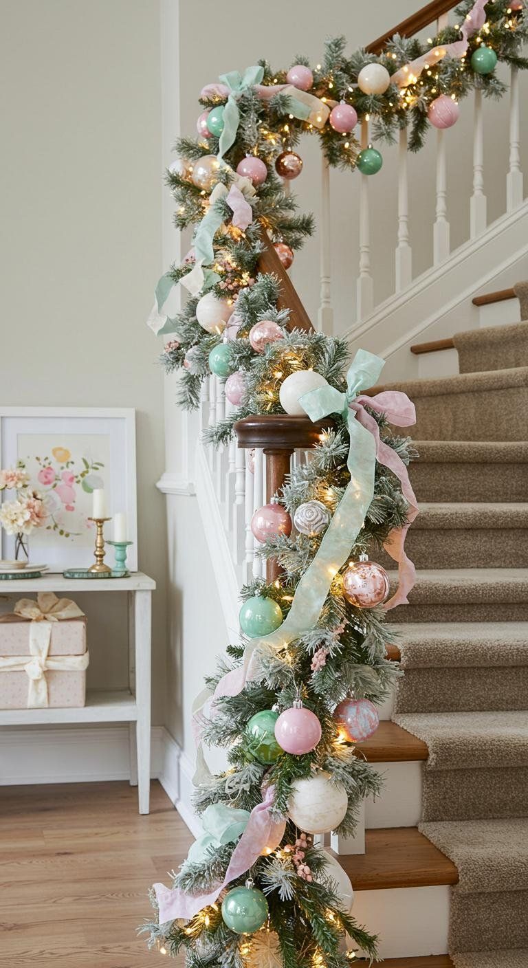 Stairs with pastel christmas decor idea featuring greenery and ornaments