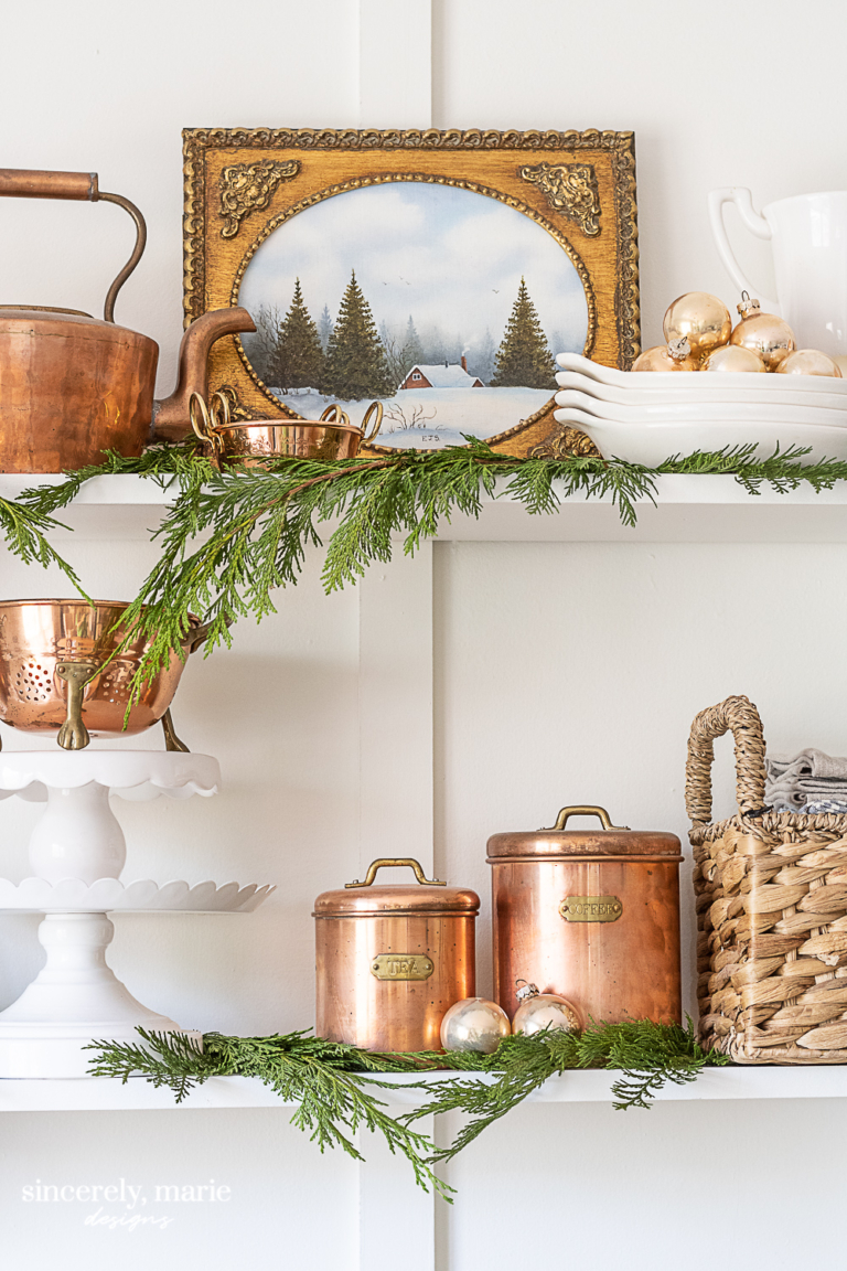 Budget Christmas kitchen styling tips and ideas featuring shelves with festive details