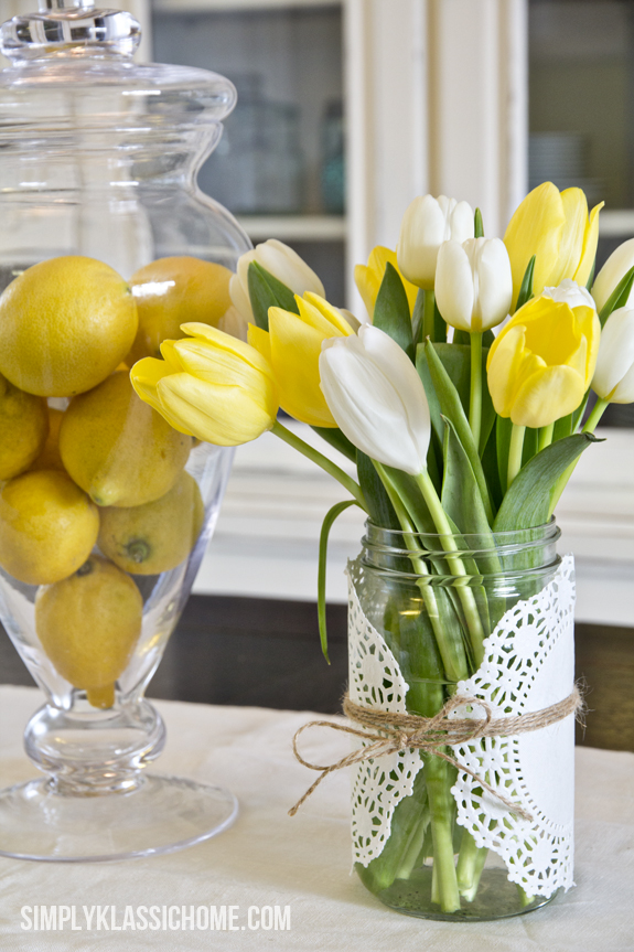 mason jar wrapped with lace as an option for a neutral easter decor idea