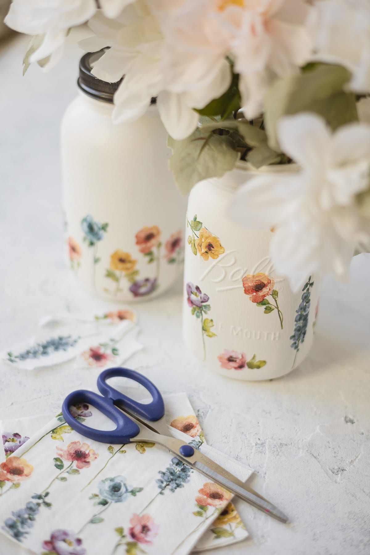 Floral Decoupage mason Jars as example of neutral Easter decor
