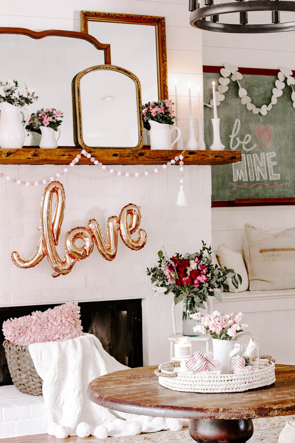 Living room decorated showcased as part of farmhouse Valentines Day decor ideas