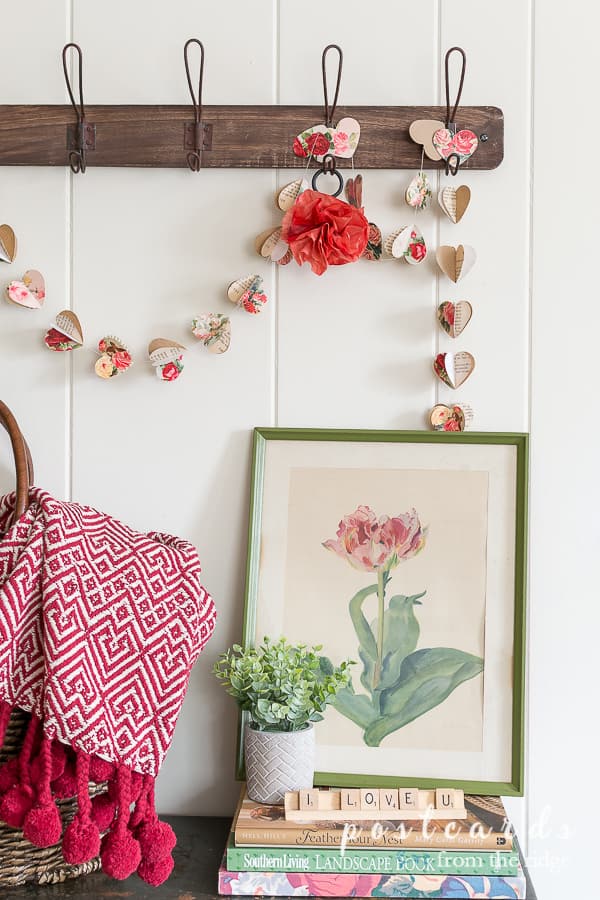 Rustic entryway decorated showcased as part of farmhouse Valentines Day decor ideas