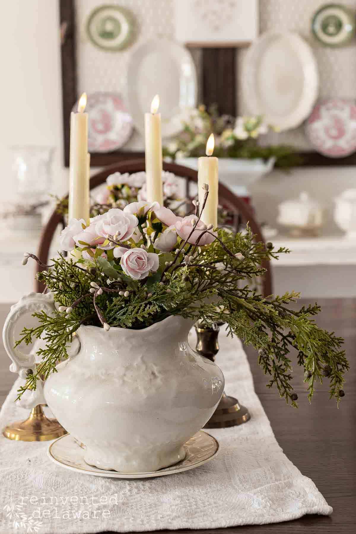 Dining table decorated showcased as part of farmhouse Valentines Day decor ideas