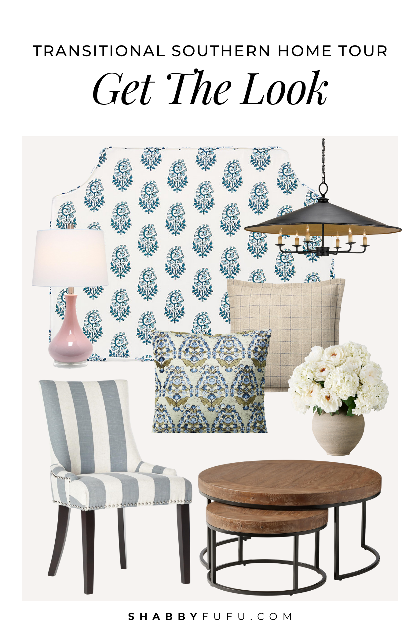 Southern transitional home tour collage featuring decor finds