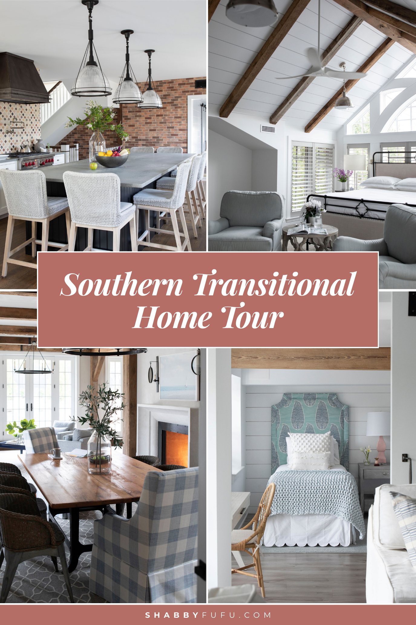 Southern transitional home tour collage Pinterest featuring different rooms