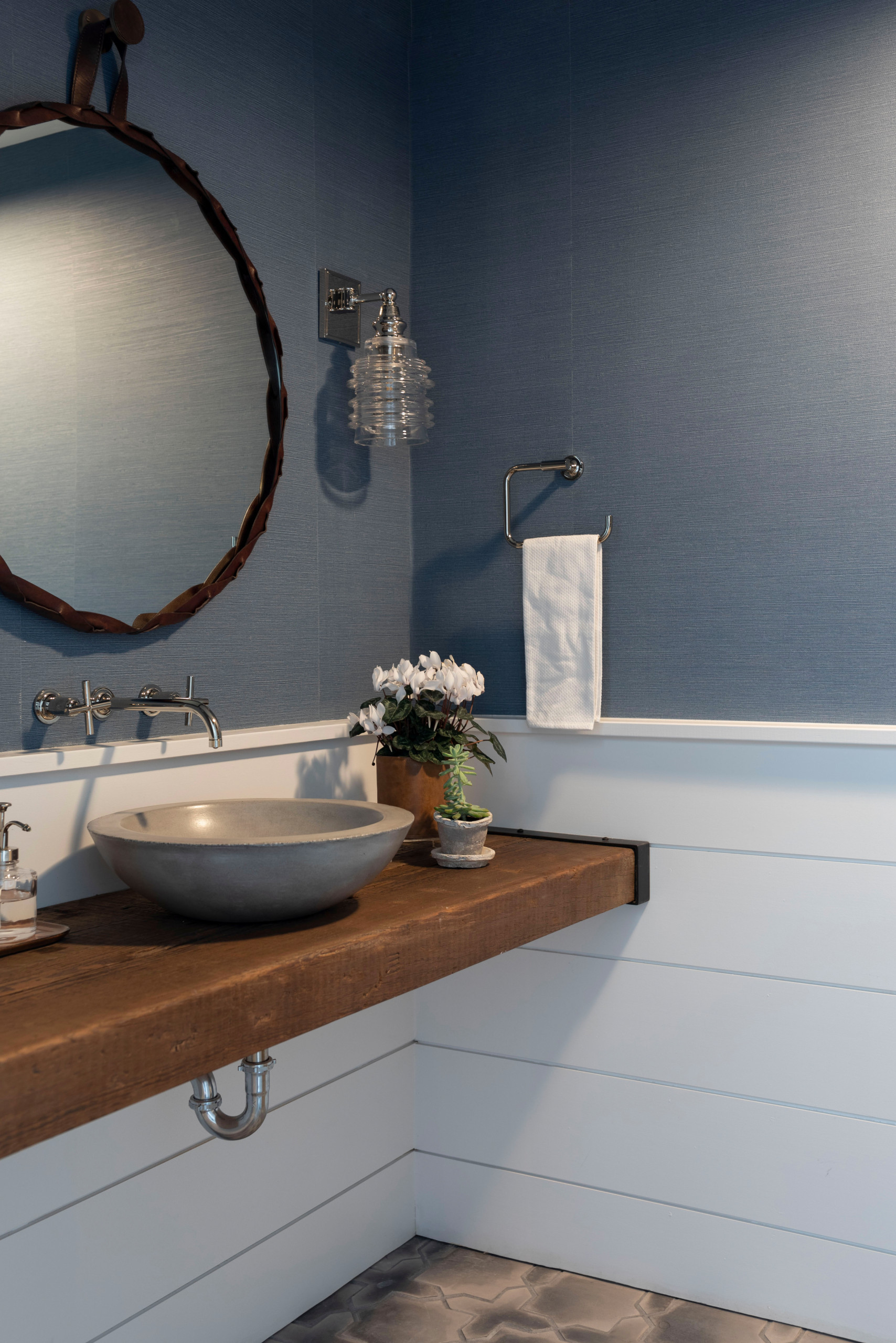 southern transitional home featuring a historic barn remodel bathroom showcased in home tour