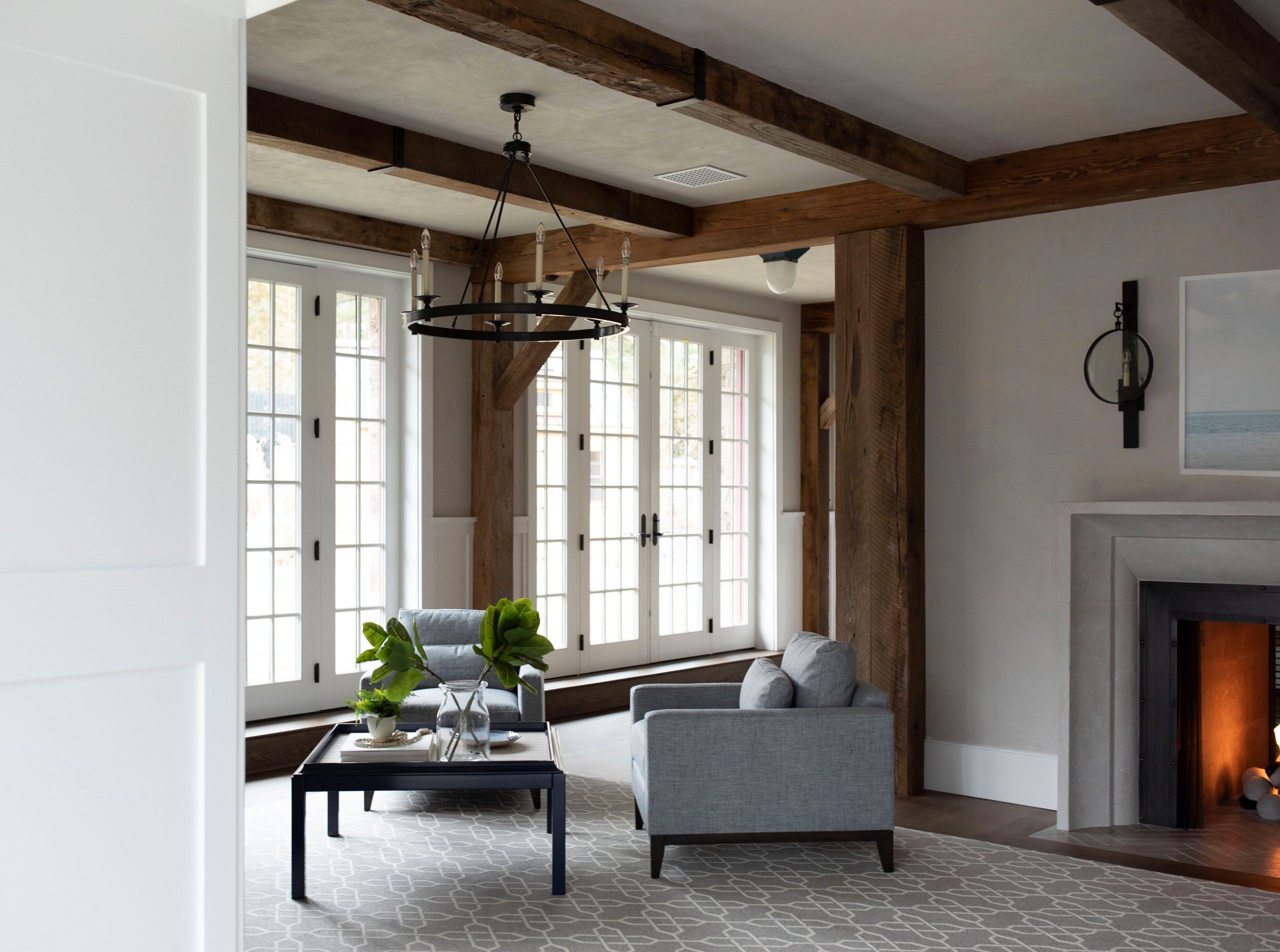southern transitional home featuring a historic barn remodel living room showcased in home tour