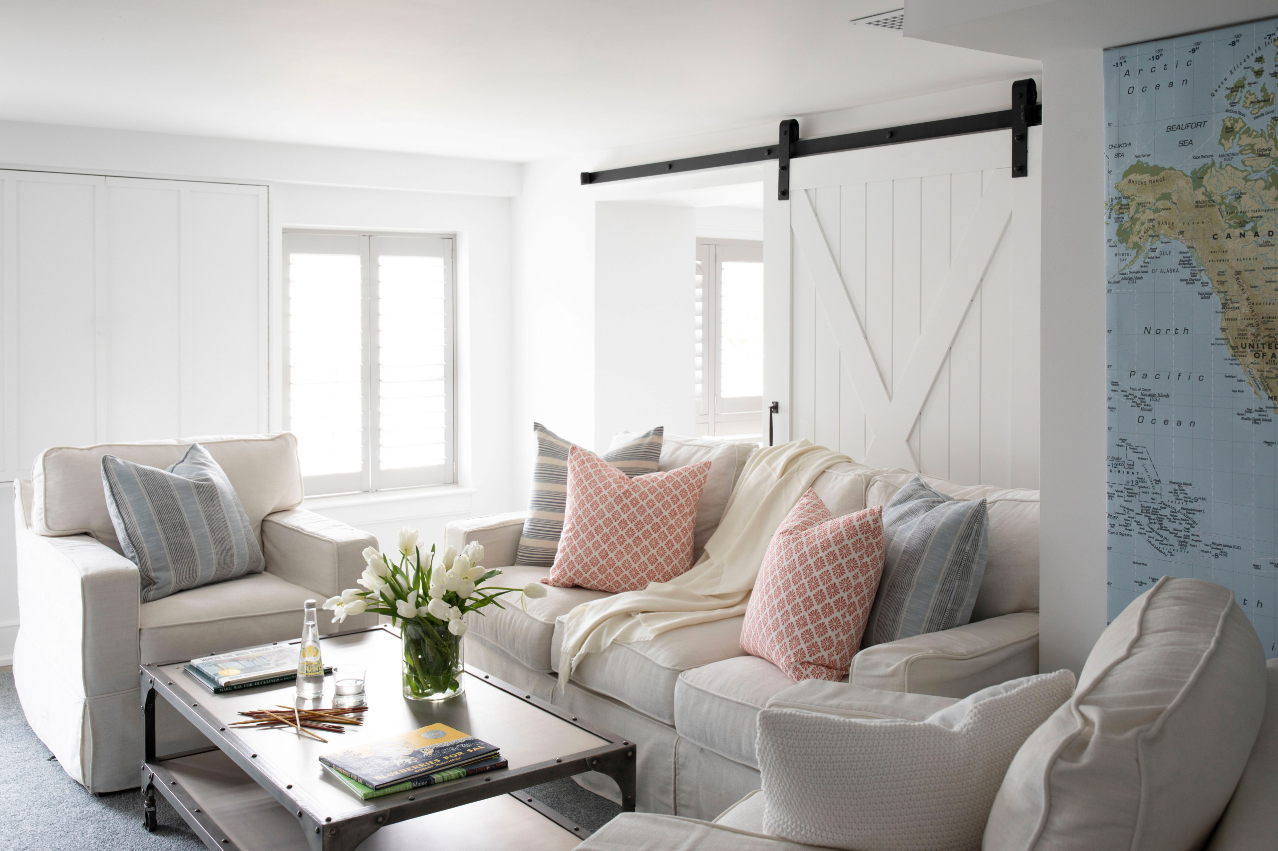 southern transitional home featuring a historic barn remodel living room showcased in home tour
