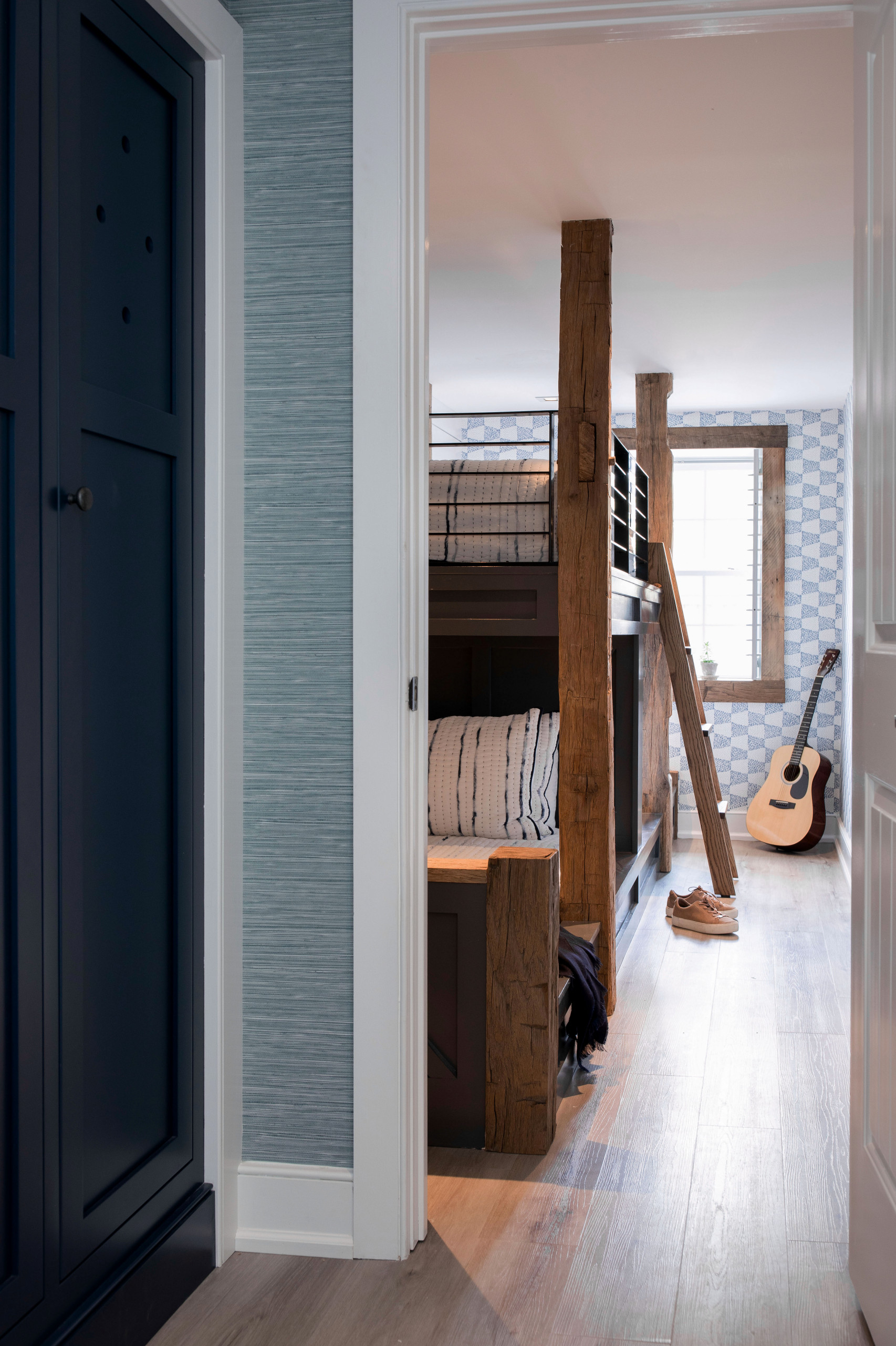 southern transitional home featuring a historic barn remodel bedroom showcased in home tour