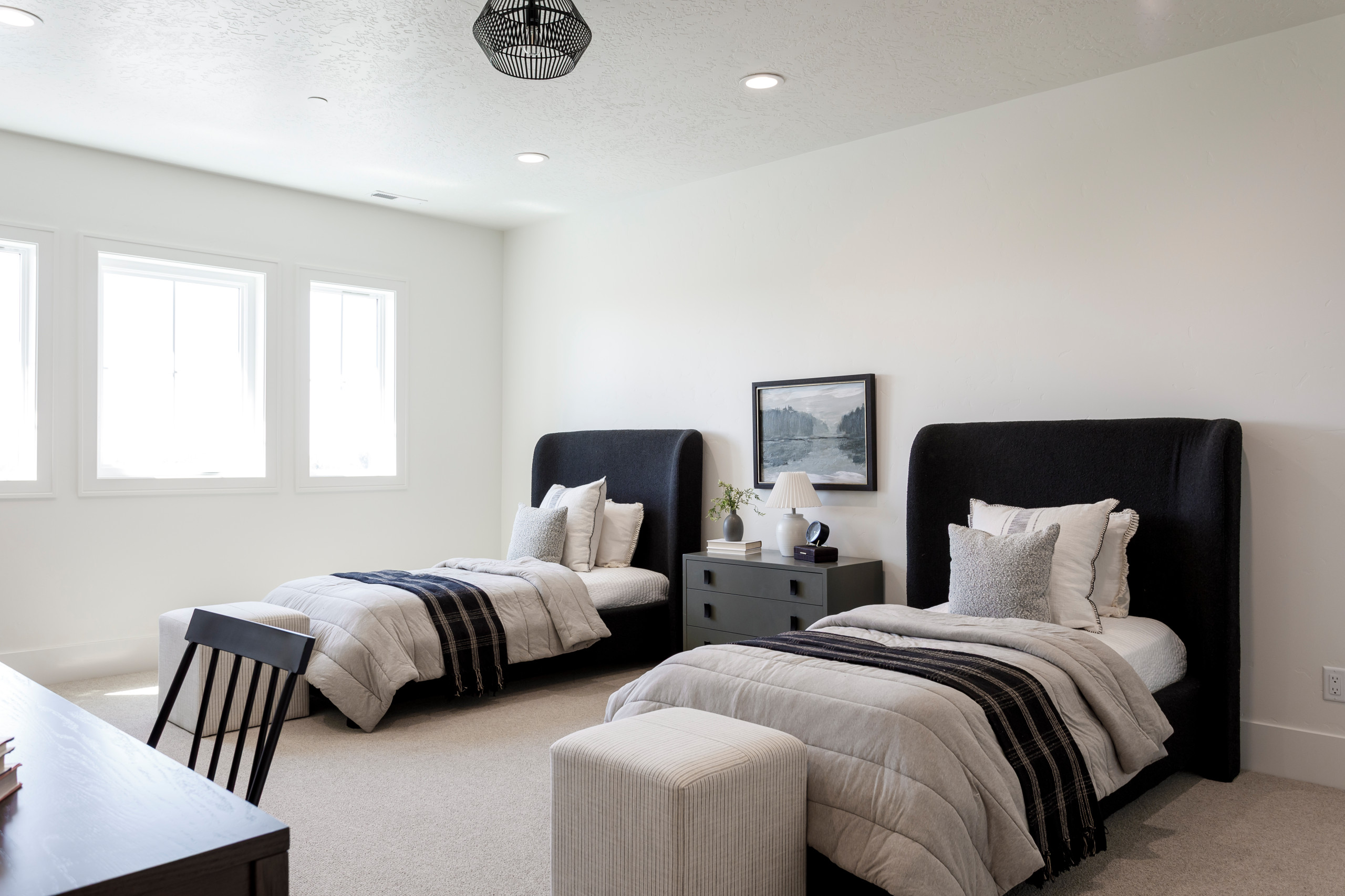 Transitional interior design bedroom featured in Home tour