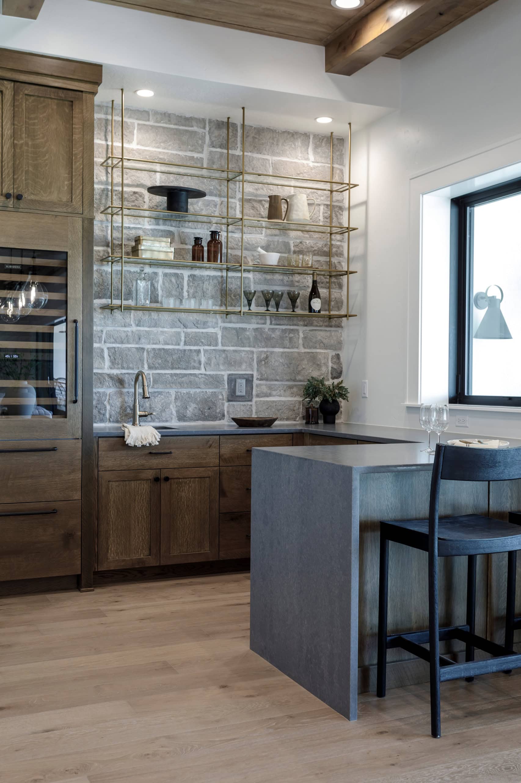 Transitional interior design home bar featured in Home tour