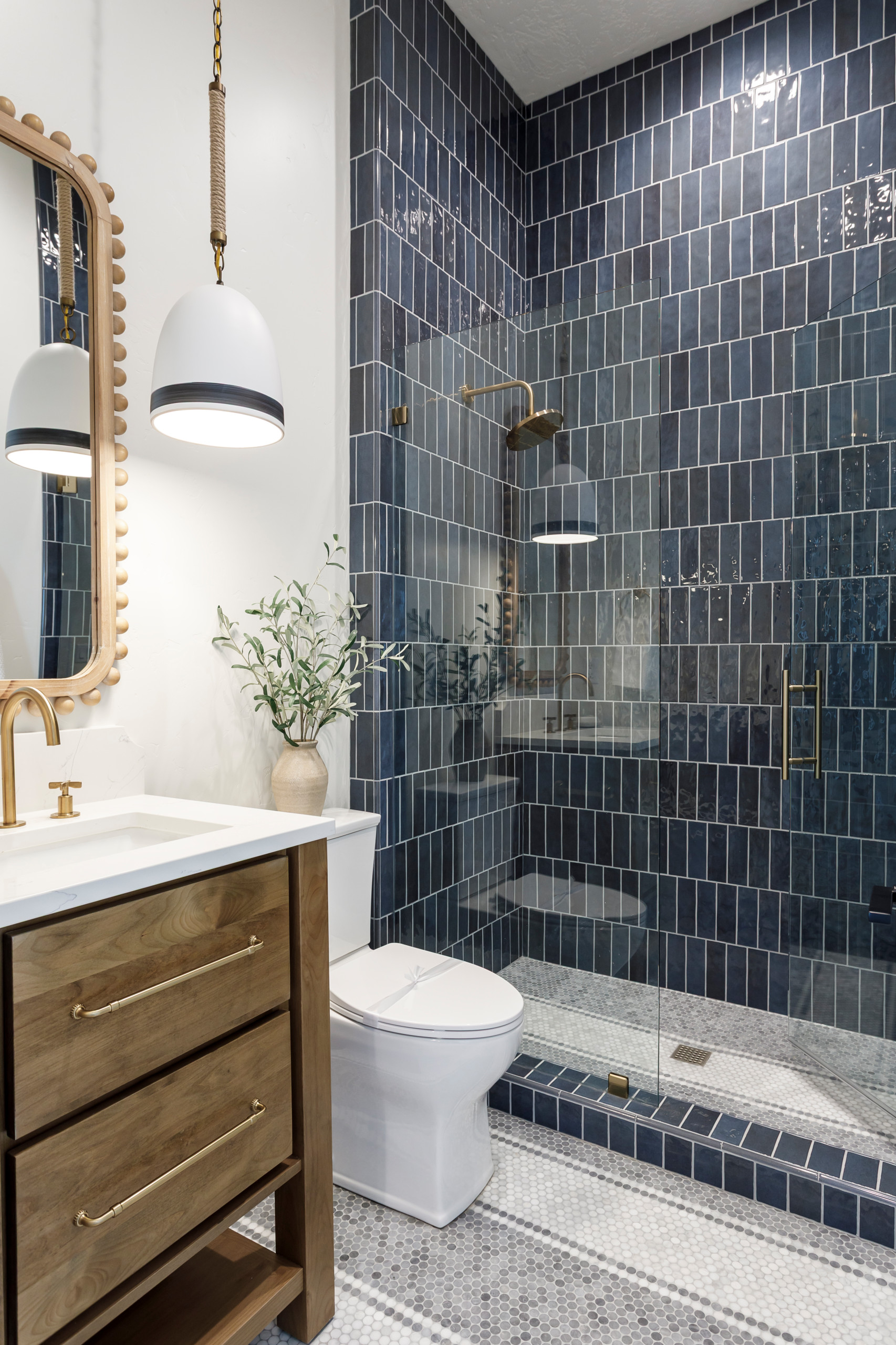 Transitional interior design bathroom featured in Home tour