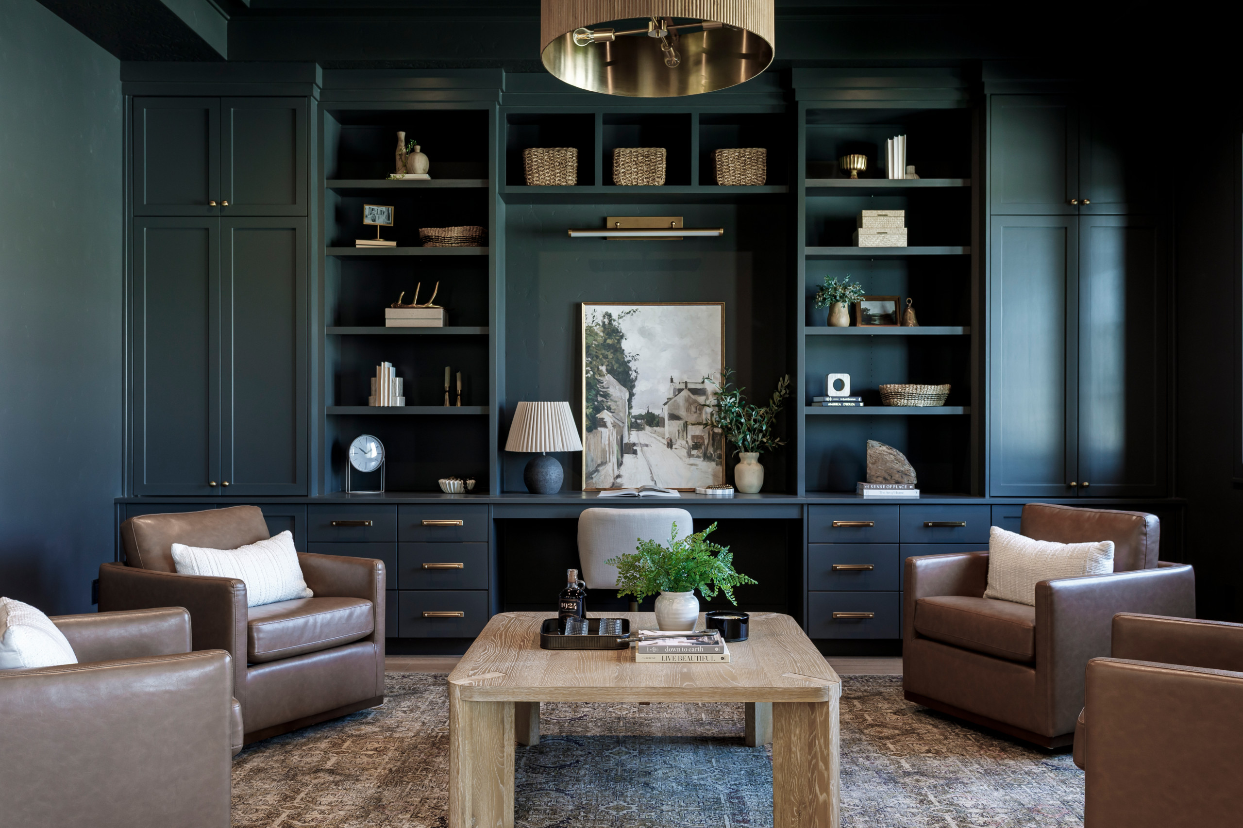 Transitional interior design home office featured in Home tour