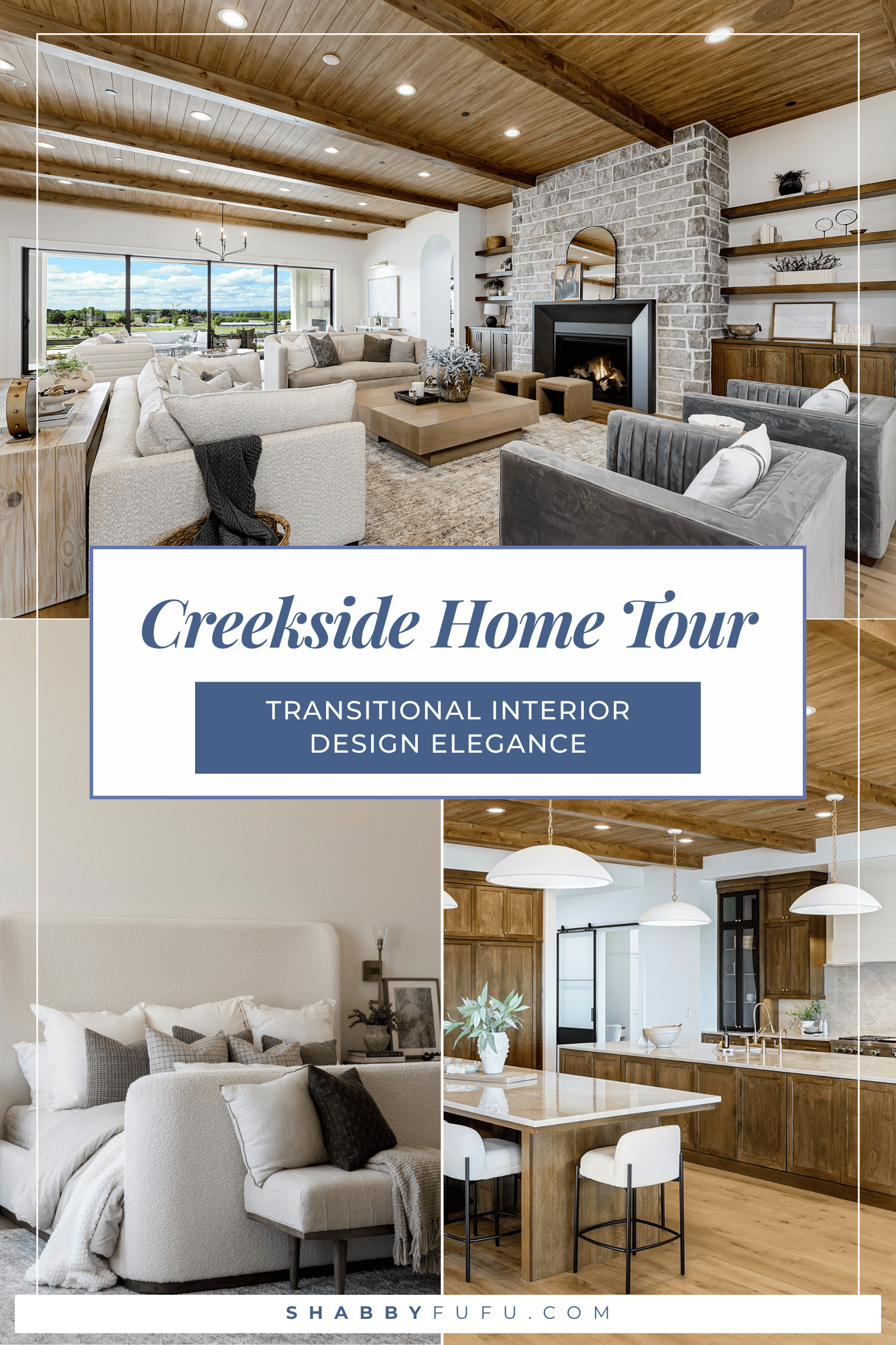 Pinterest graphic featuring transitional interior design in Home tour