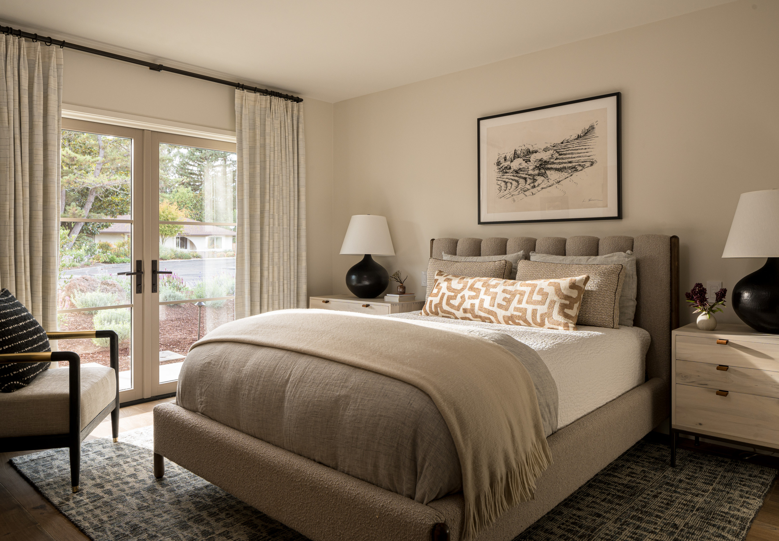Bedroom in modern transitional decor style featured in Wine Country Luxury home tour