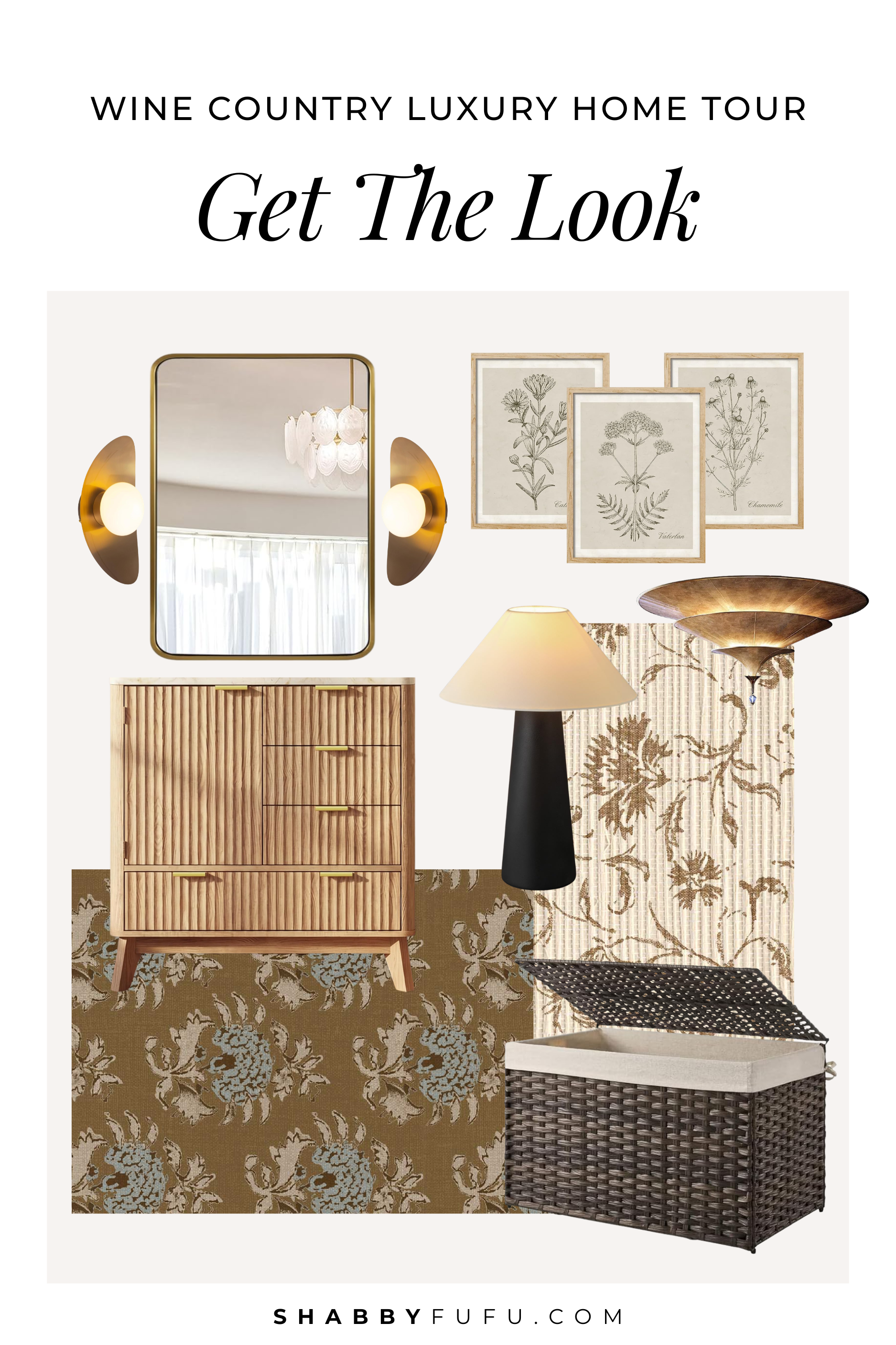 Collage showing budget friendly decor inspired by modern transitional decor style featured in Wine Country Luxury home tour