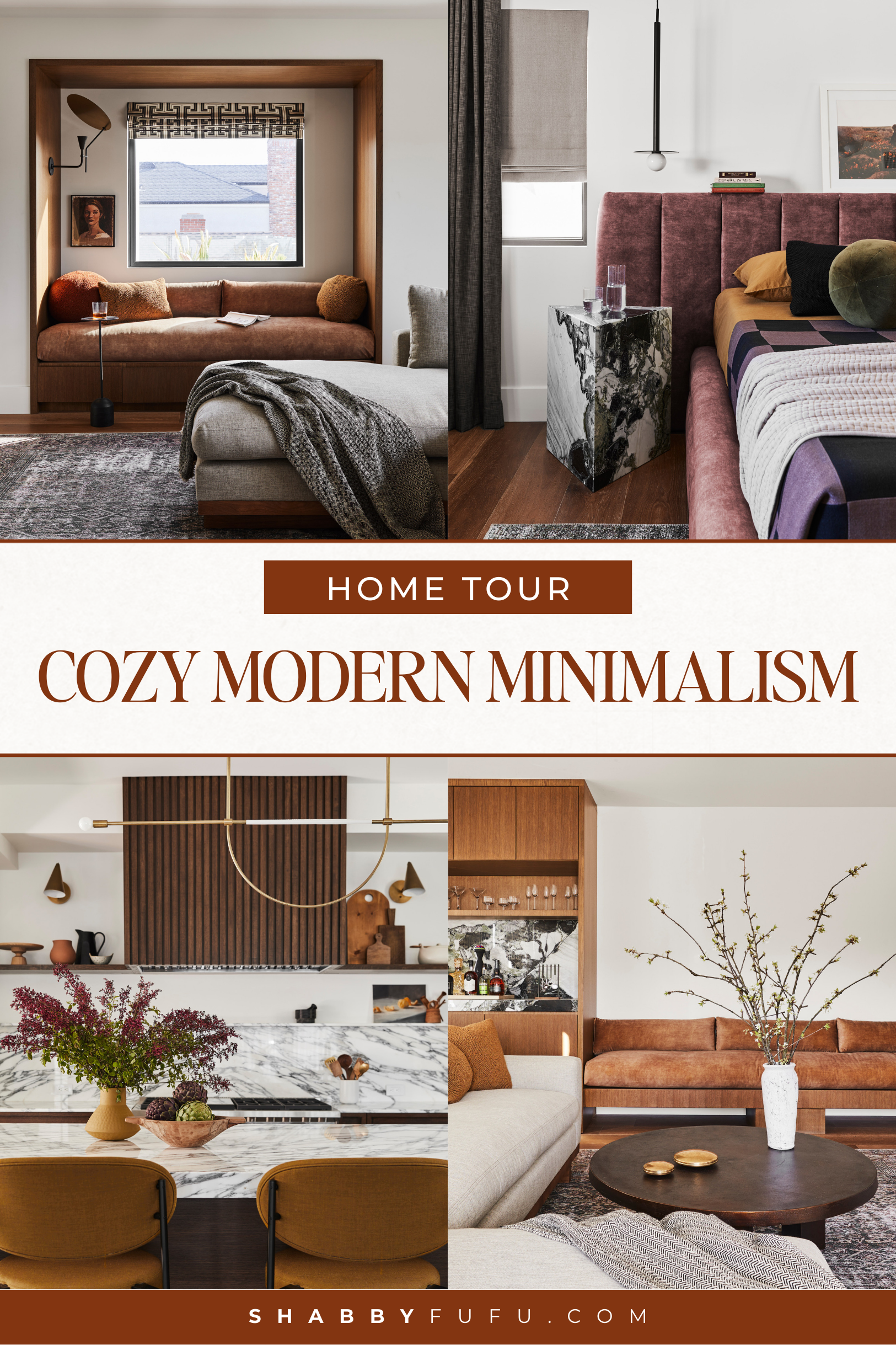 Pinterest collage with home rooms inspired by cozy warm minimalist home tour
