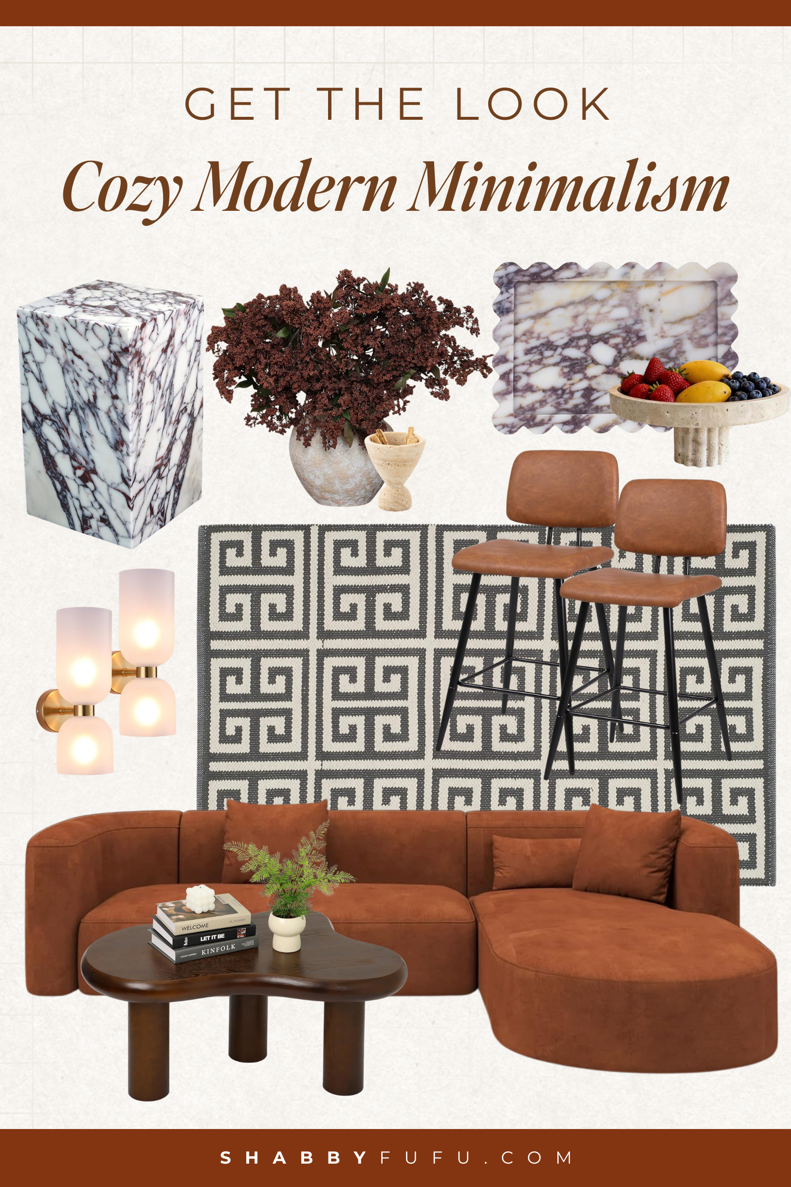 Pinterest collage with Amazon products inspired by cozy warm minimalist home tour
