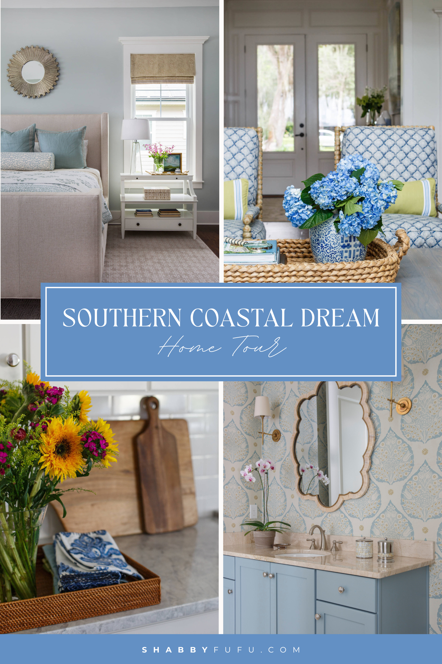 Pinterest graphic featuring collage of southern coastal farmhouse home tour