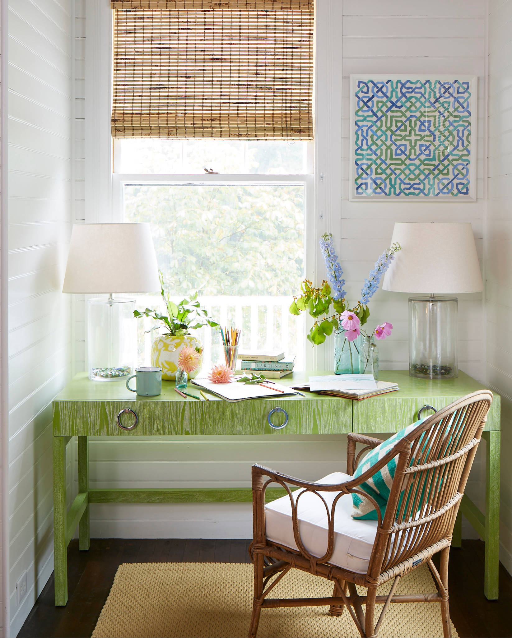 Whimsical coastal cottage interior featuring a home office in home tour