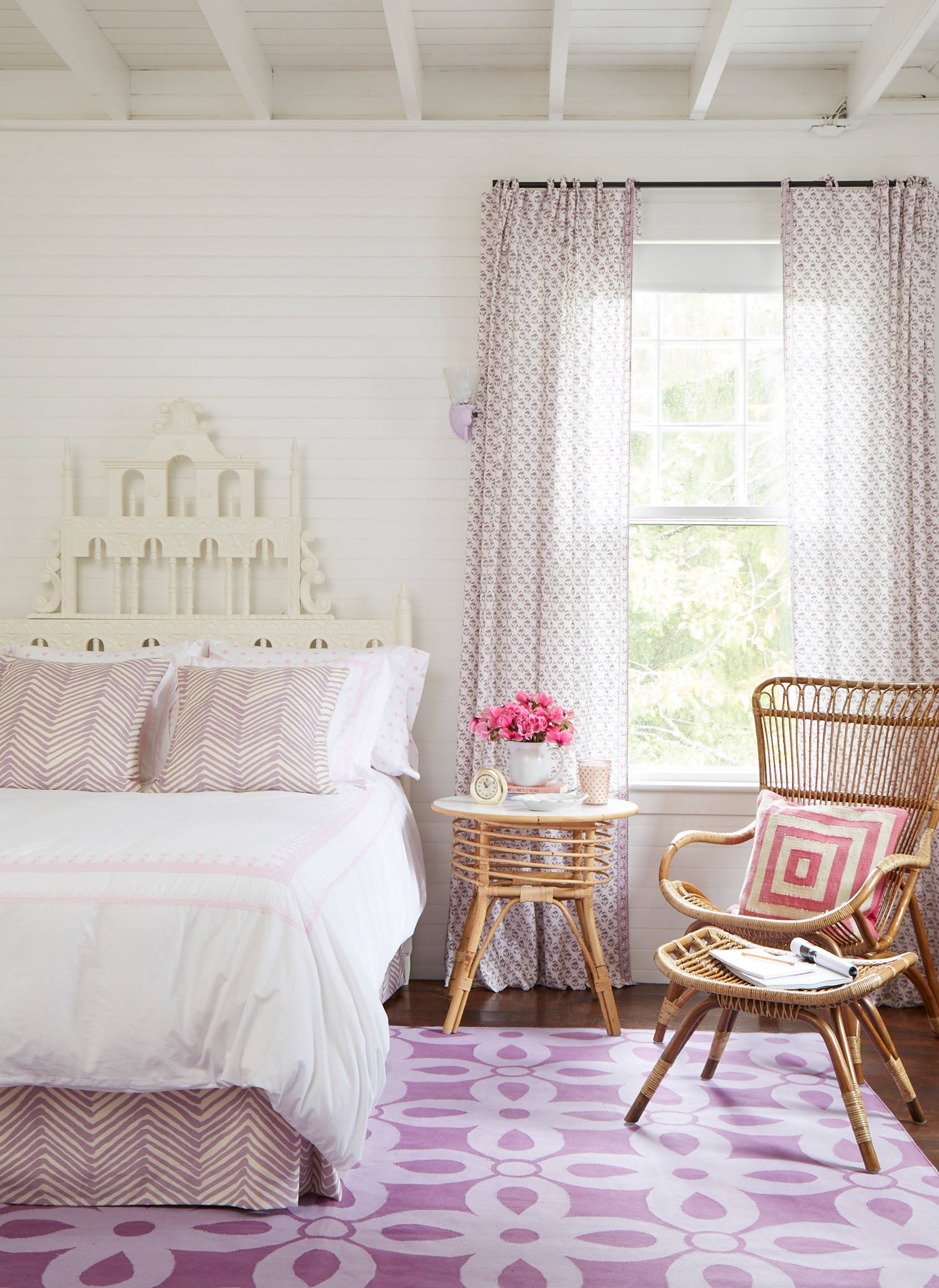 Whimsical coastal cottage interior featuring a home bedroom in home tour