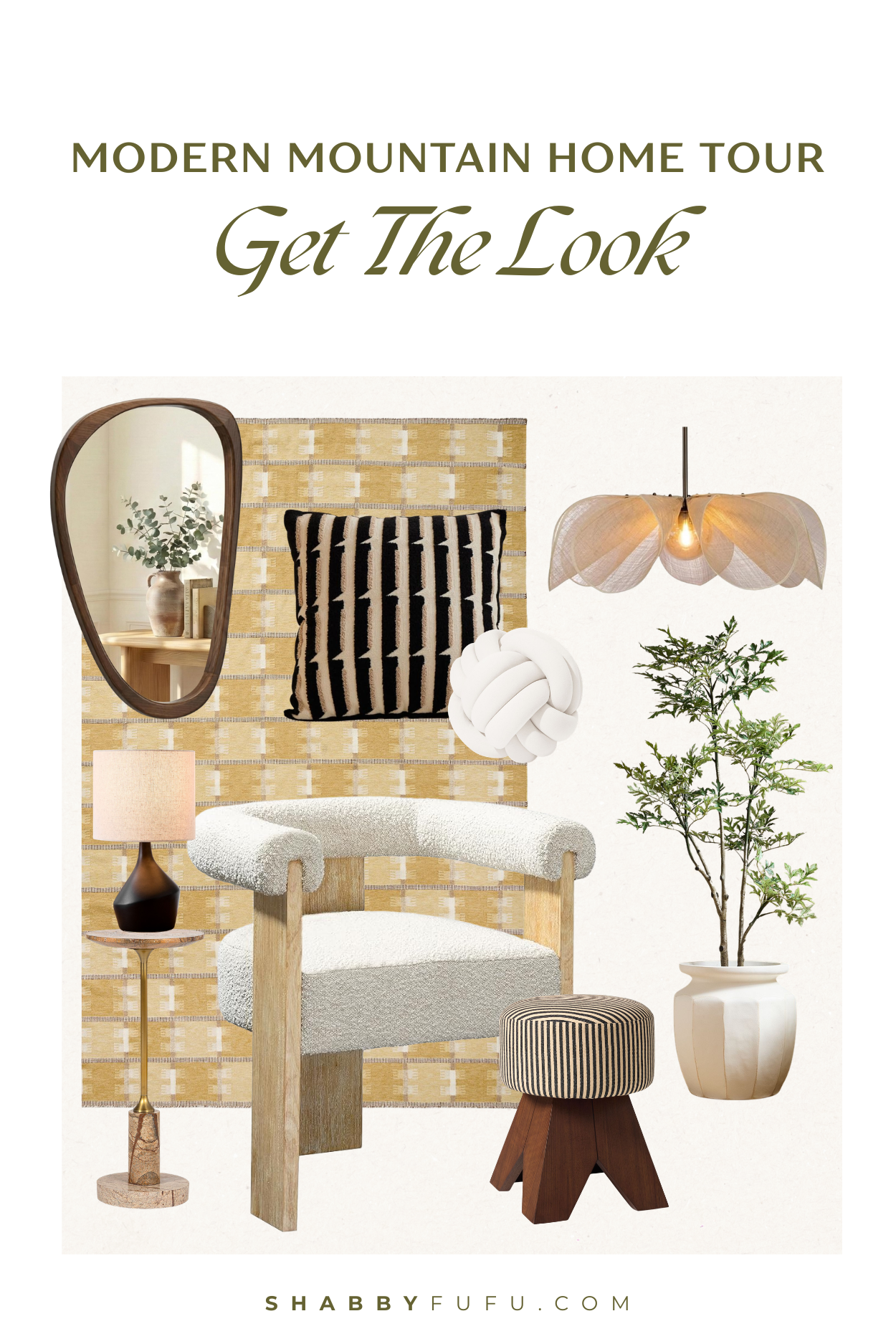Modern Mountain Retreat Home Tour collage featuring decor items