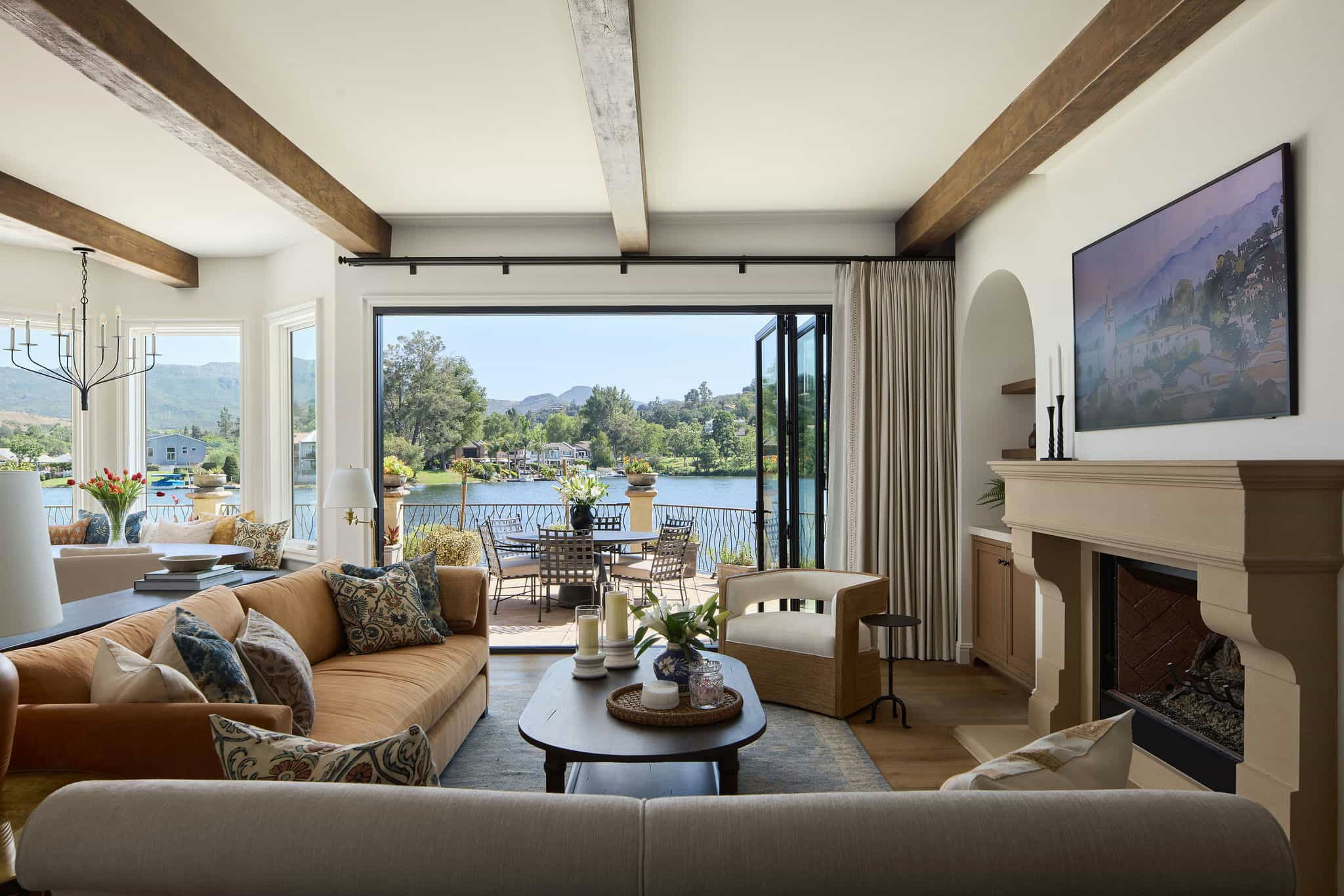 Modern Mediterranean lakeside home tour living room