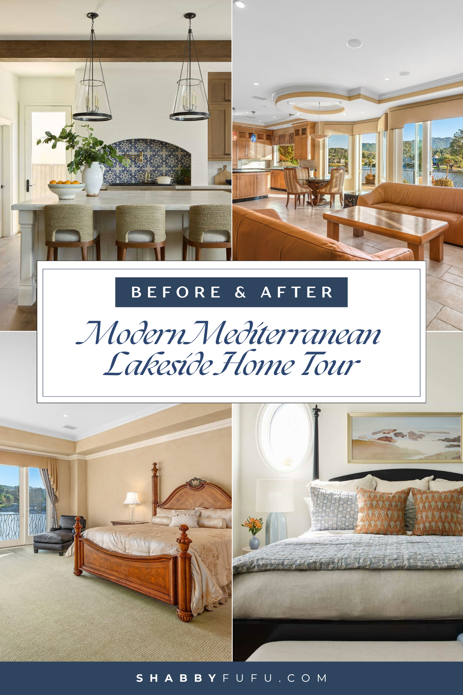 Pinterest collage featuring Modern Mediterranean lakeside home tour